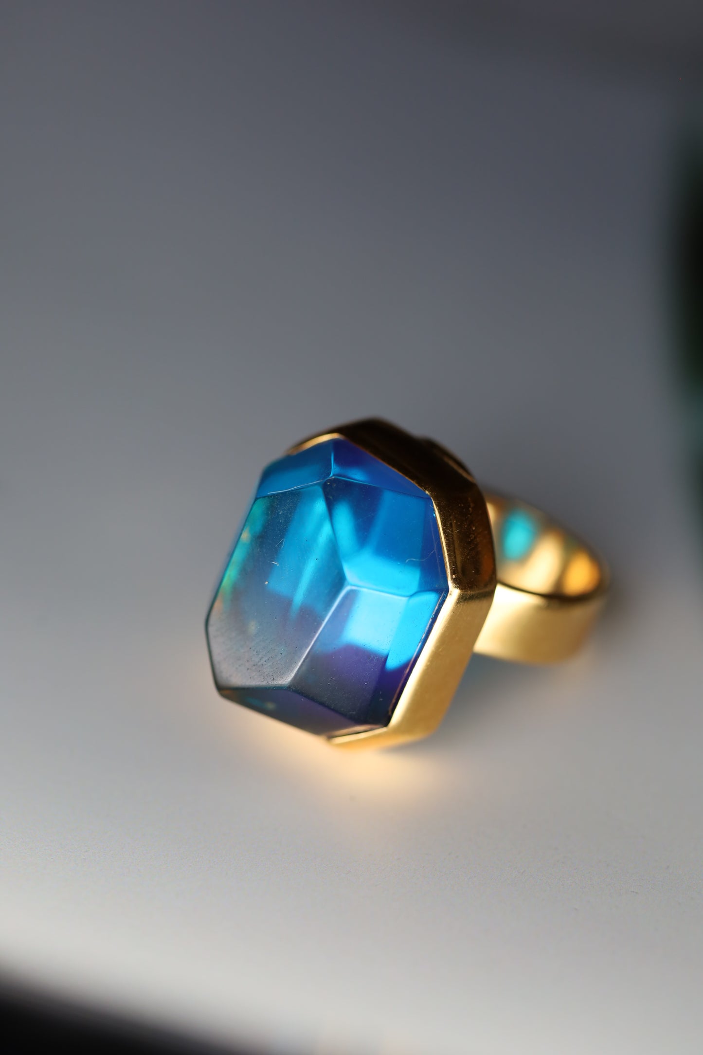 Irregular Blue Amber Ring in Gold Plated Silver
