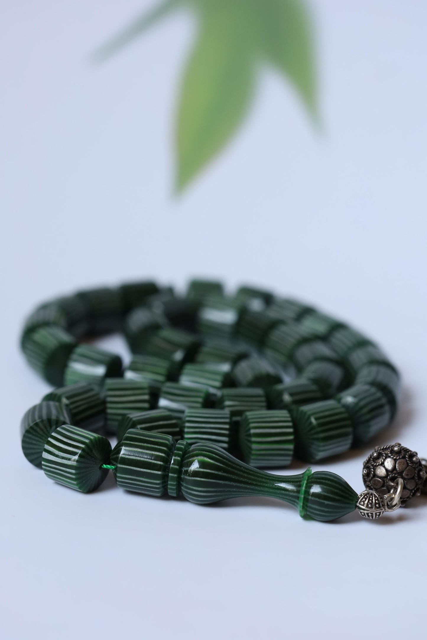 Dark Green 'Watermelon' Striped French Galalith Tasbih 37 Beads