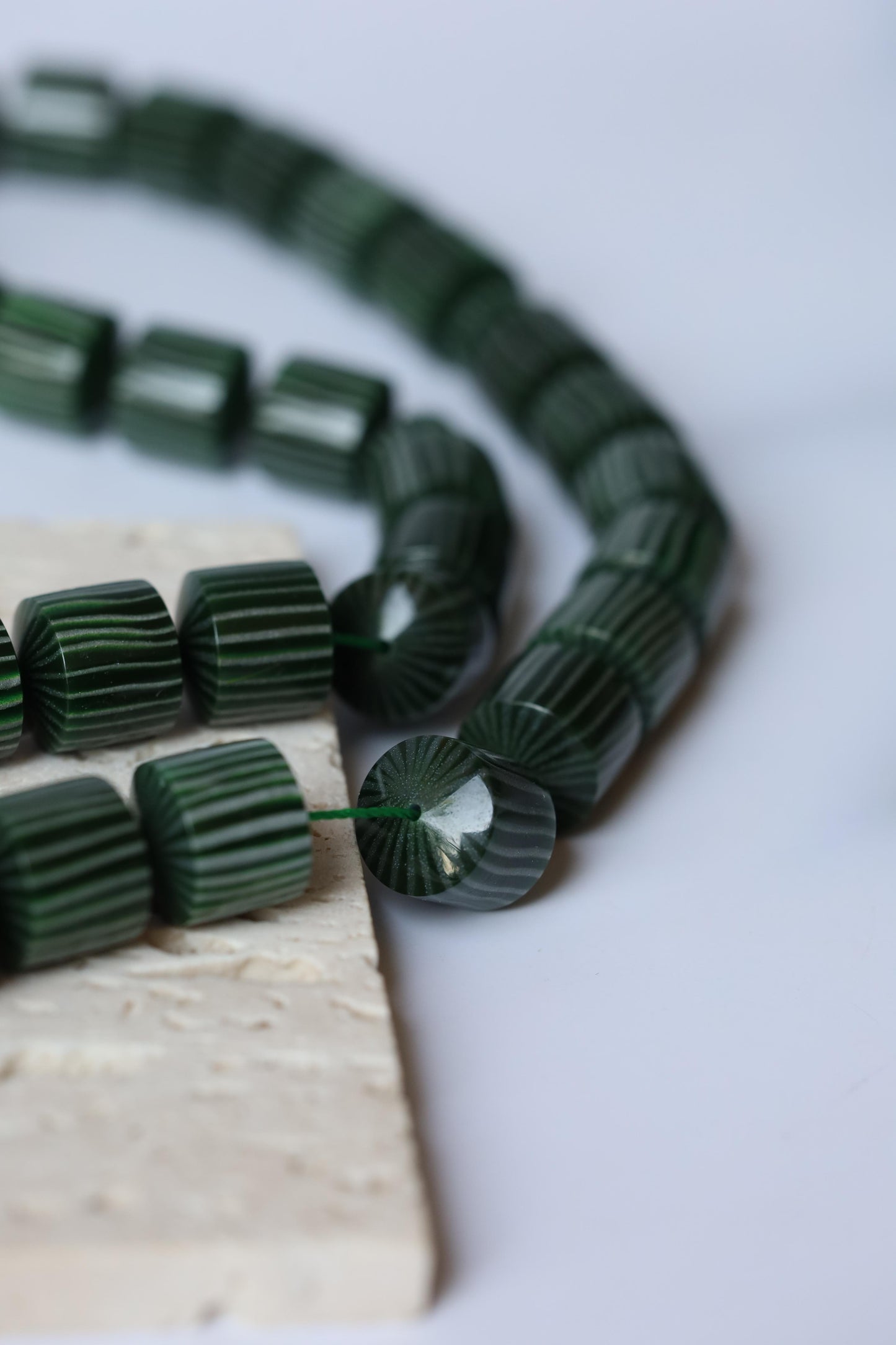 Dark Green 'Watermelon' Striped French Galalith Tasbih 37 Beads