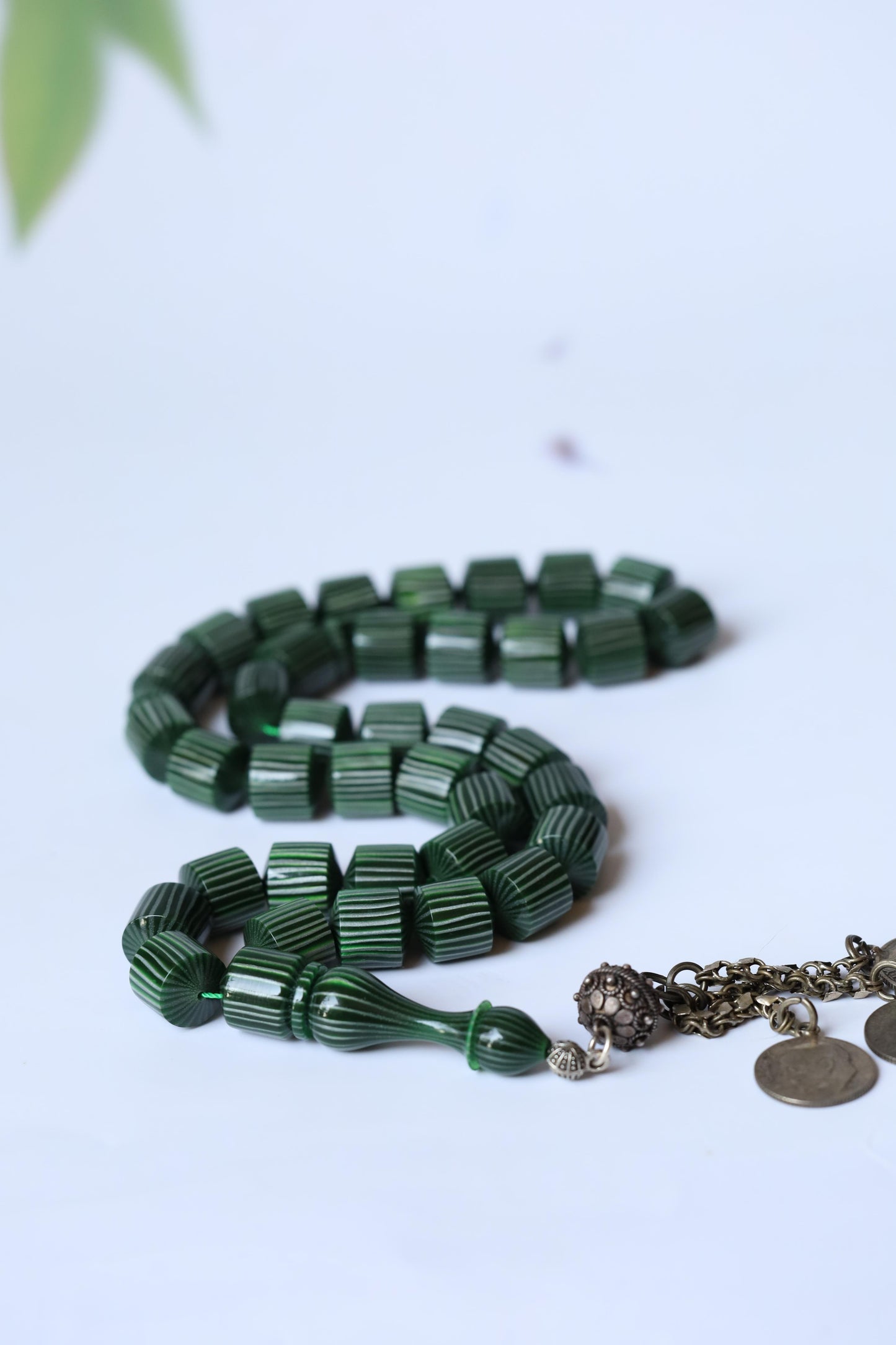 Dark Green 'Watermelon' Striped French Galalith Tasbih 37 Beads