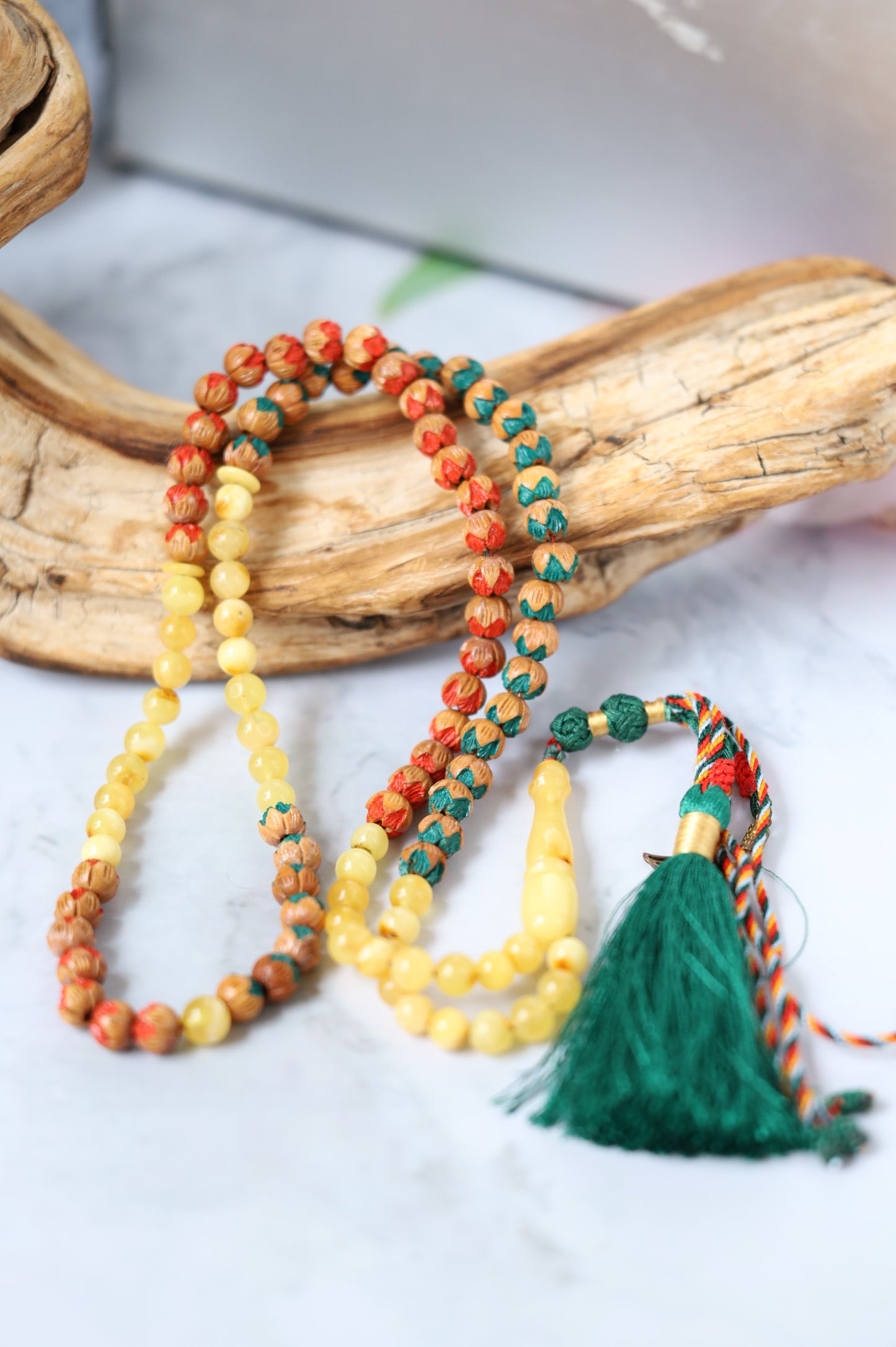 Handcarved Cherry Wood & Raw Multicolor Amber Rosary – 99 Beads