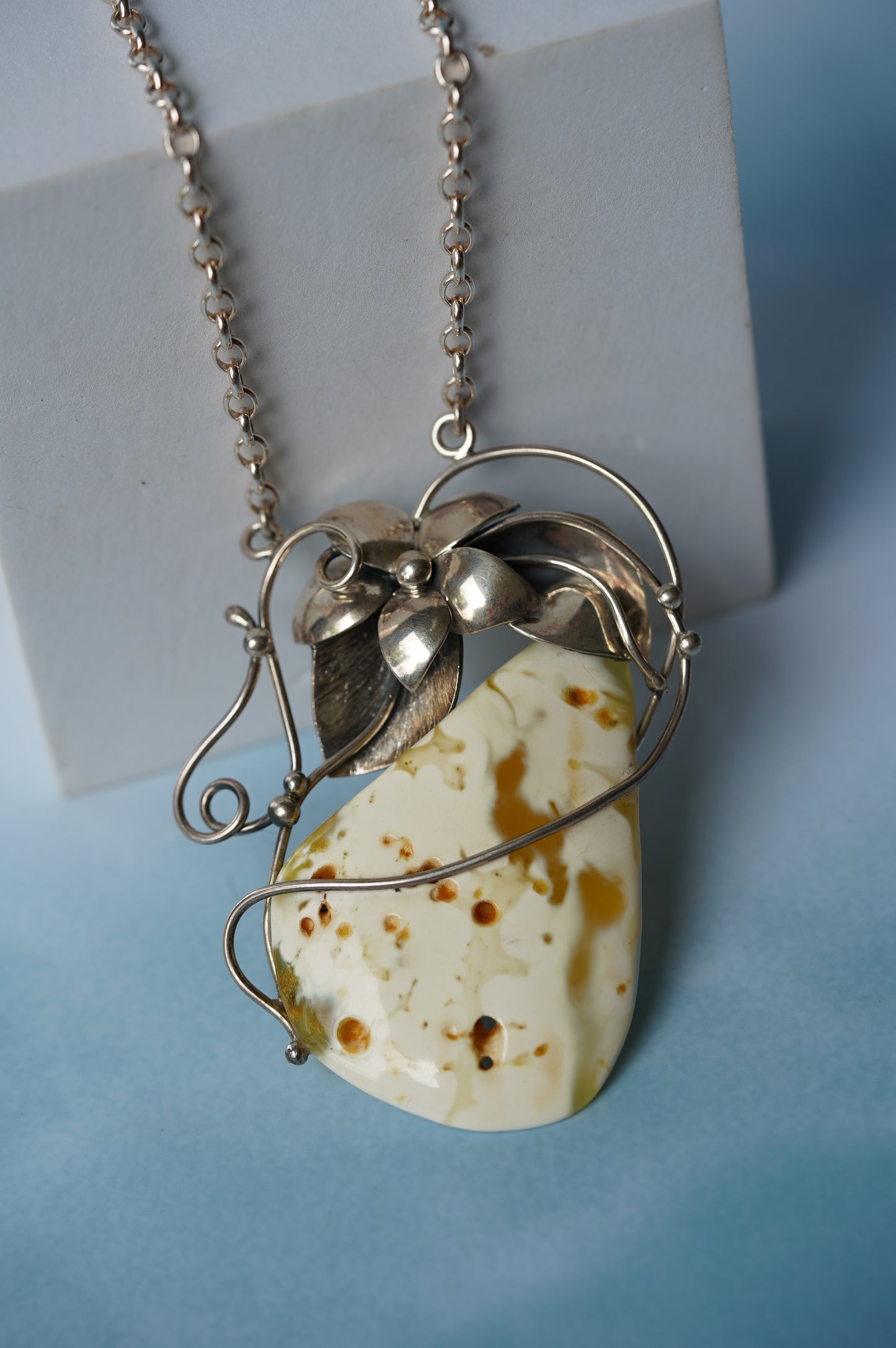 Large Royal White Triangle Raw Amber Pendant with Silver Frame, Chain and Flower