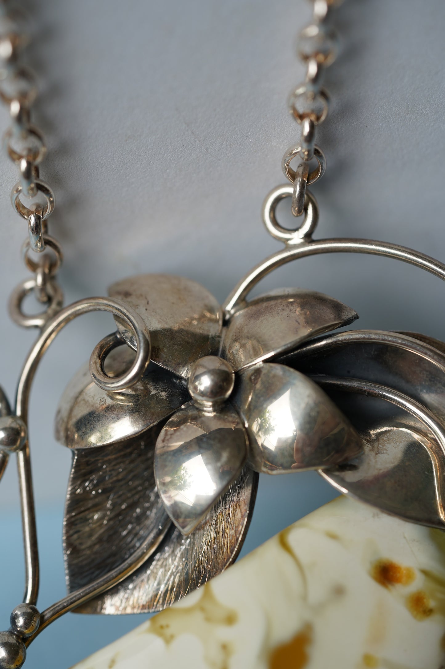 Large Royal White Triangle Raw Amber Pendant with Silver Frame, Chain and Flower