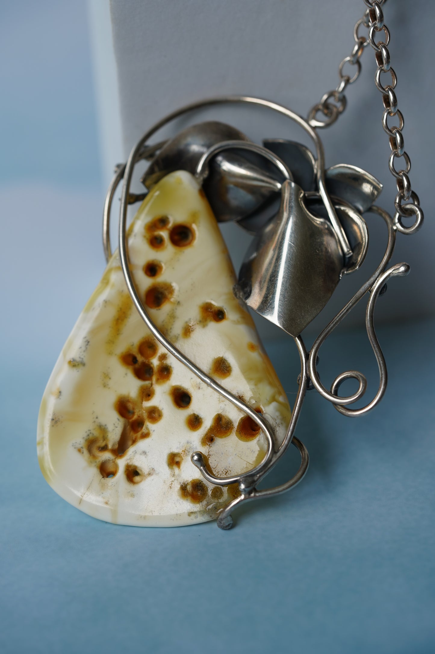Large Royal White Triangle Raw Amber Pendant with Silver Frame, Chain and Flower