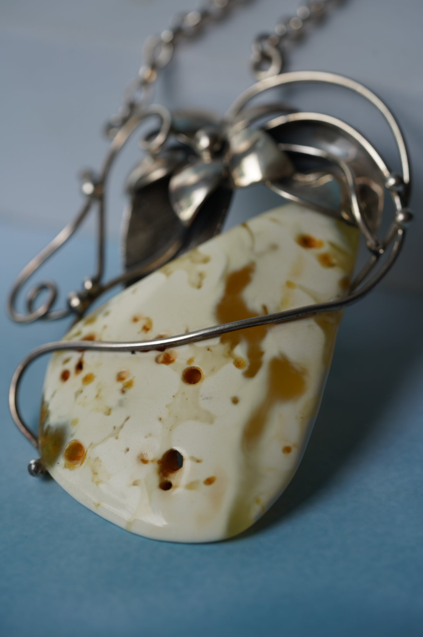Large Royal White Triangle Raw Amber Pendant with Silver Frame, Chain and Flower