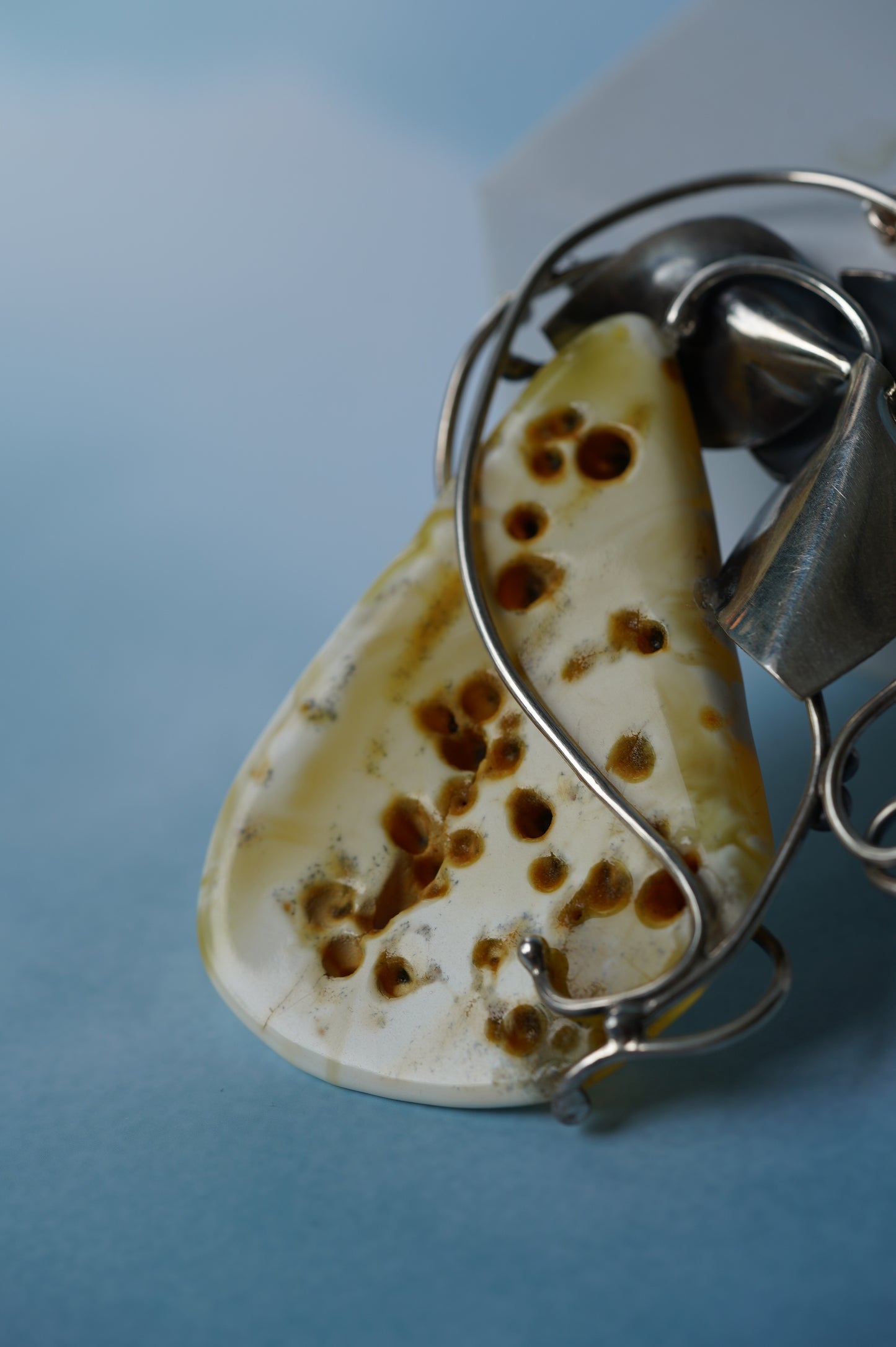 Large Royal White Triangle Raw Amber Pendant with Silver Frame, Chain and Flower