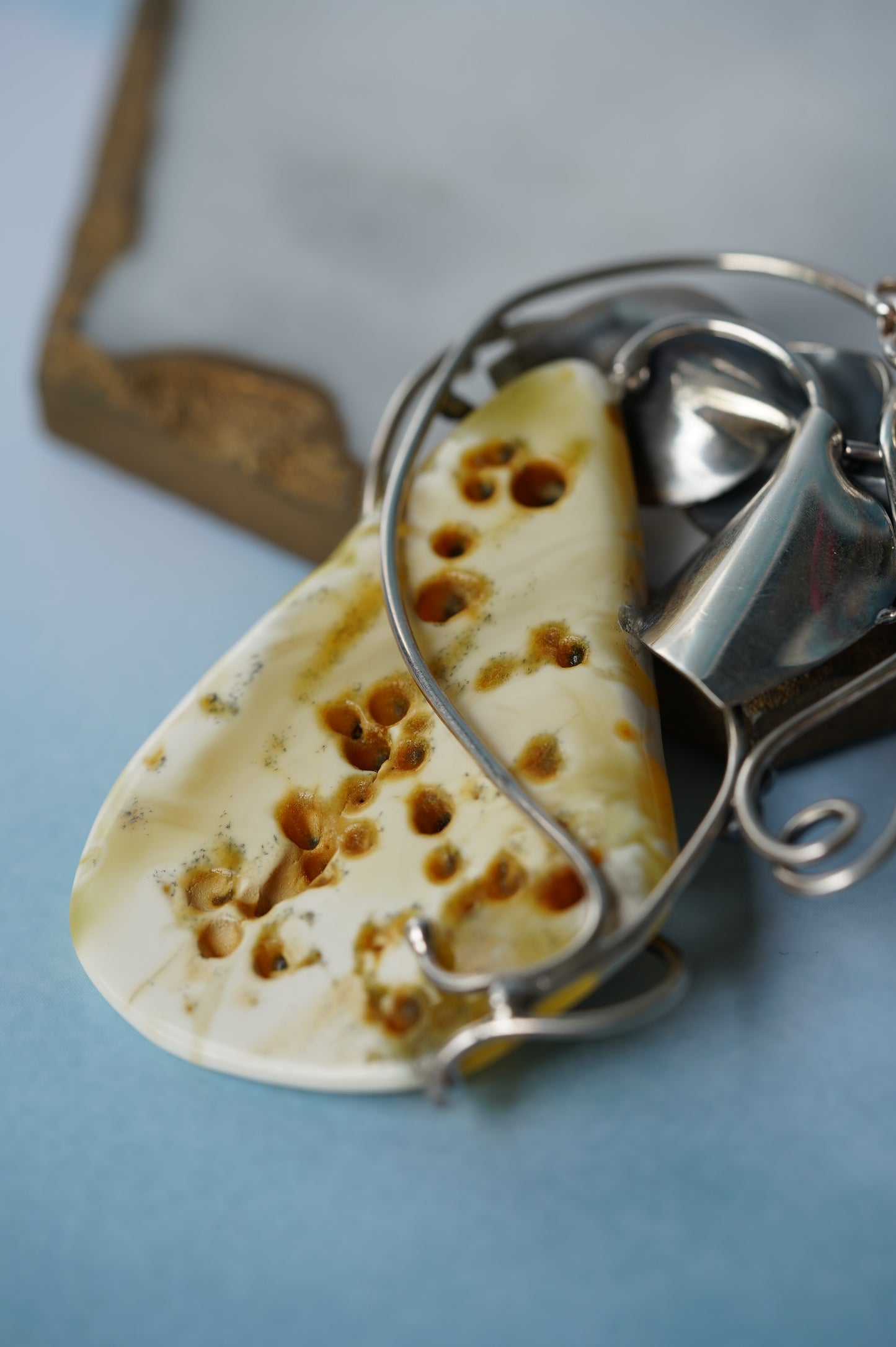 Large Royal White Triangle Raw Amber Pendant with Silver Frame, Chain and Flower