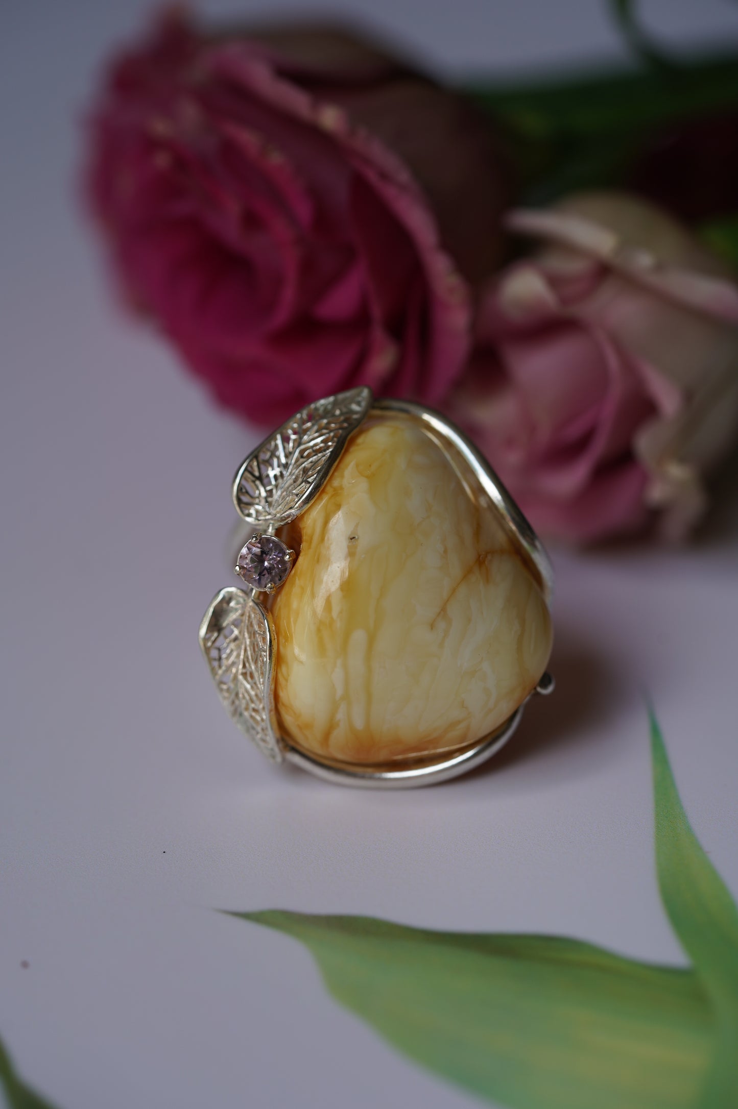 Irregular Royal White Amber Ring With Silver Frame And Amethyst