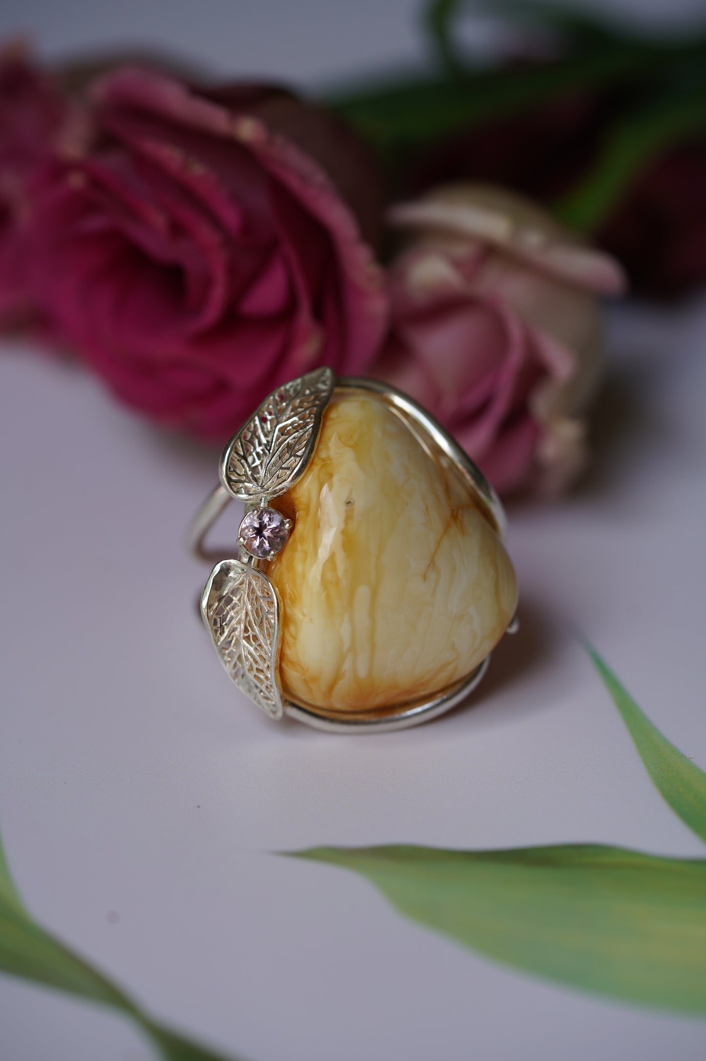 Irregular Royal White Amber Ring With Silver Frame And Amethyst