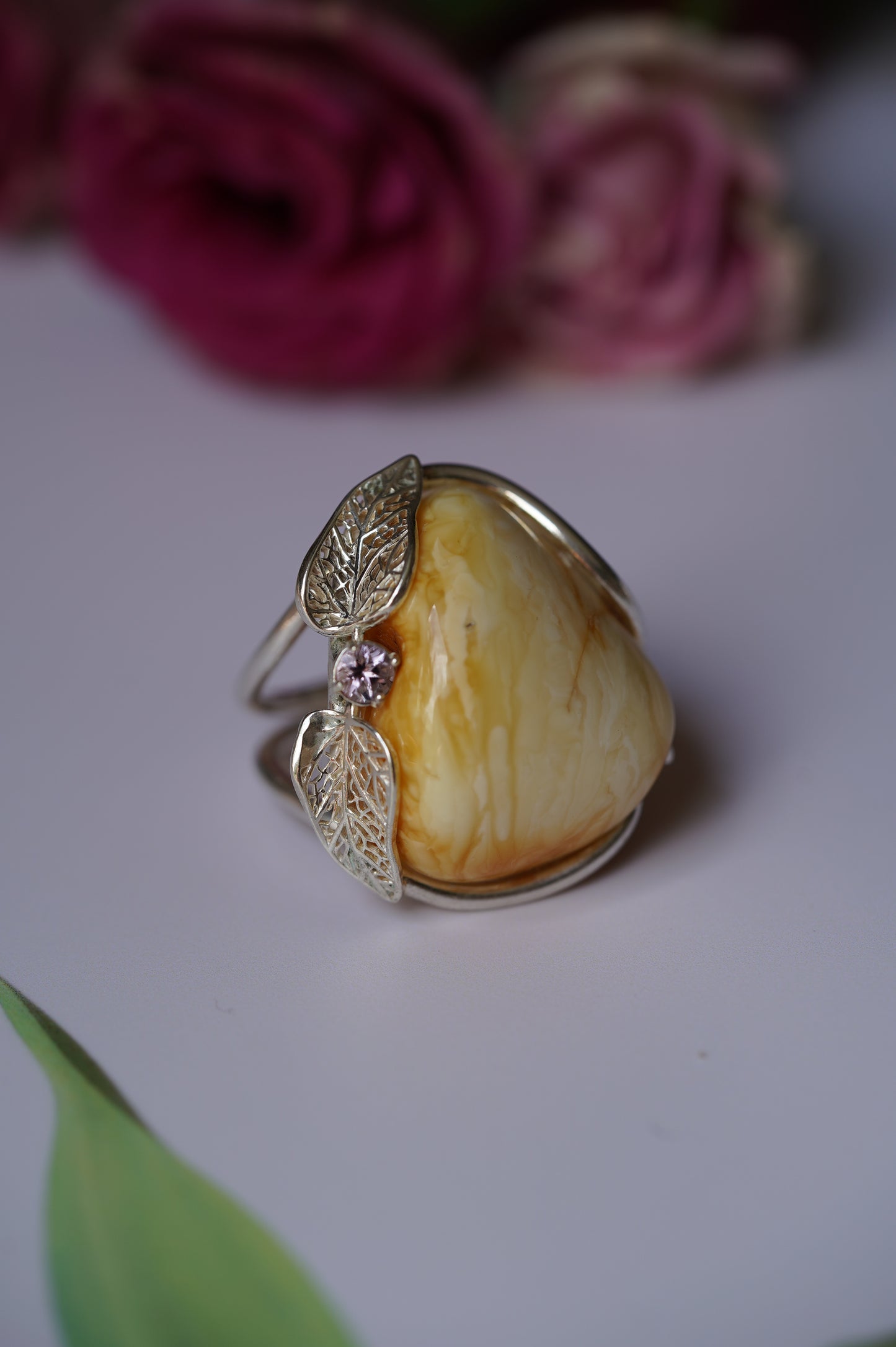 Irregular Royal White Amber Ring With Silver Frame And Amethyst