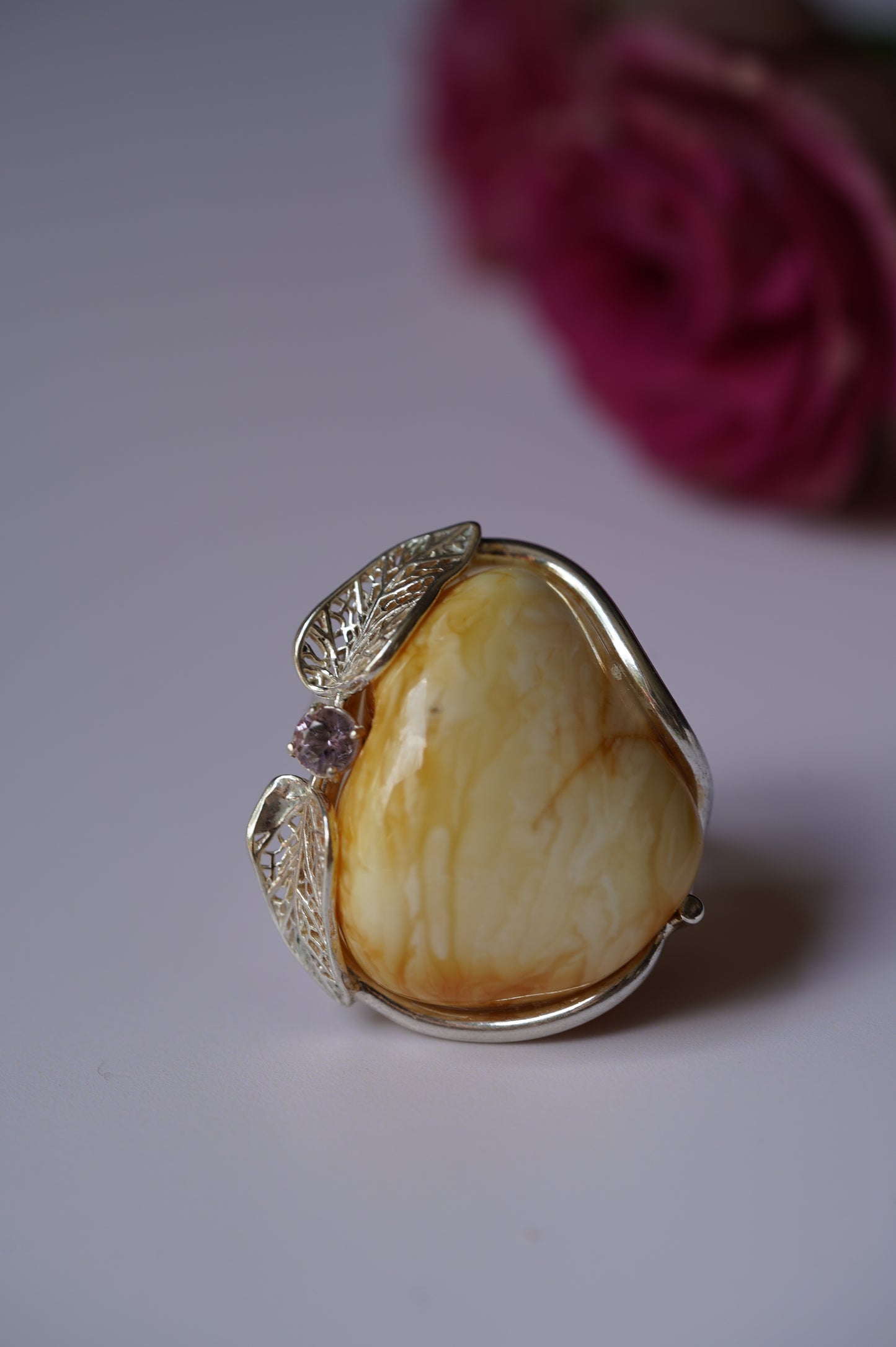 Irregular Royal White Amber Ring With Silver Frame And Amethyst