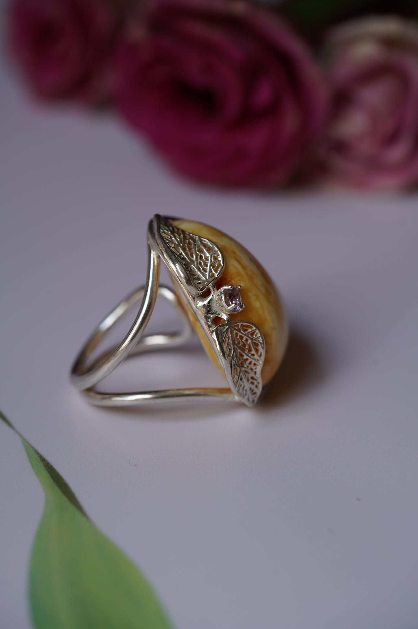 Irregular Royal White Amber Ring With Silver Frame And Amethyst