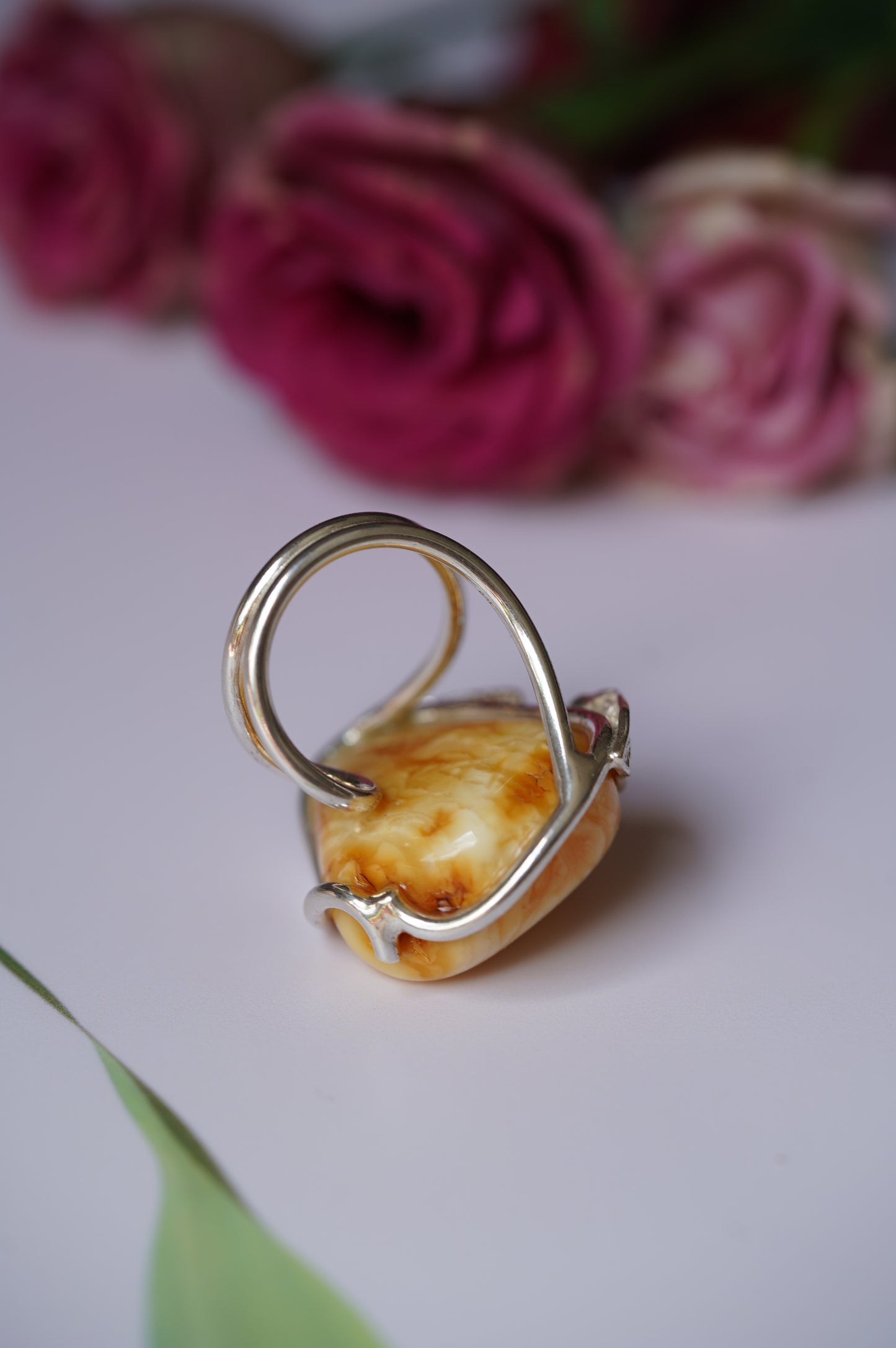 Irregular Royal White Amber Ring With Silver Frame And Amethyst