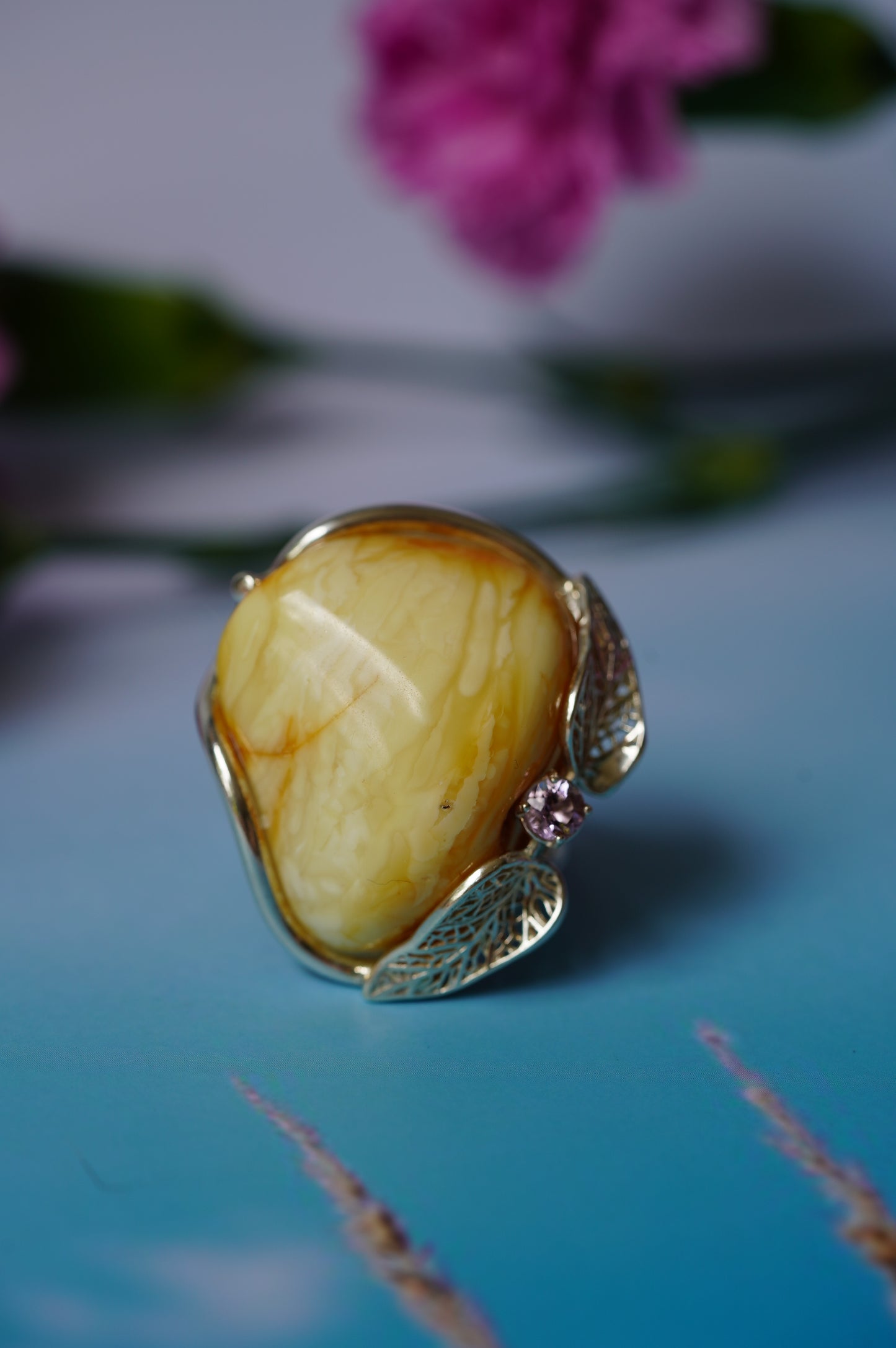 Irregular Royal White Amber Ring With Silver Frame And Amethyst