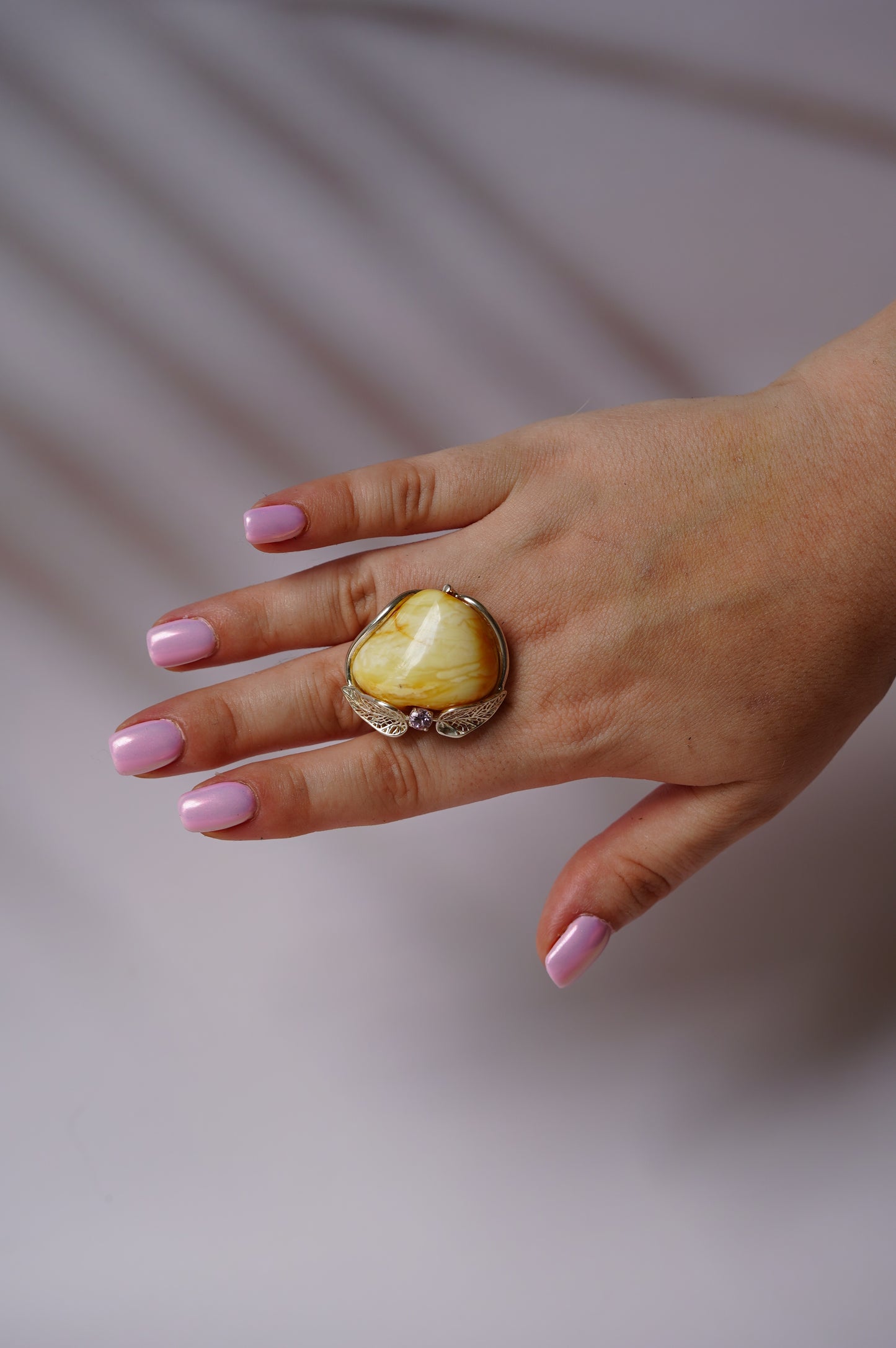 Irregular Royal White Amber Ring With Silver Frame And Amethyst