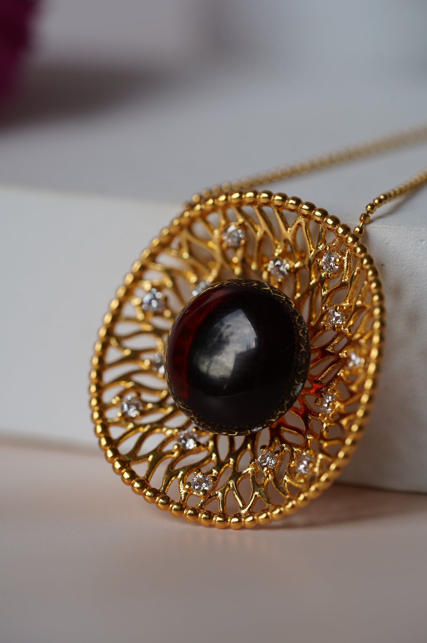 Supertree inspired Necklace with Cherry Amber and Cubic Zirconias in Gold Plated Silver