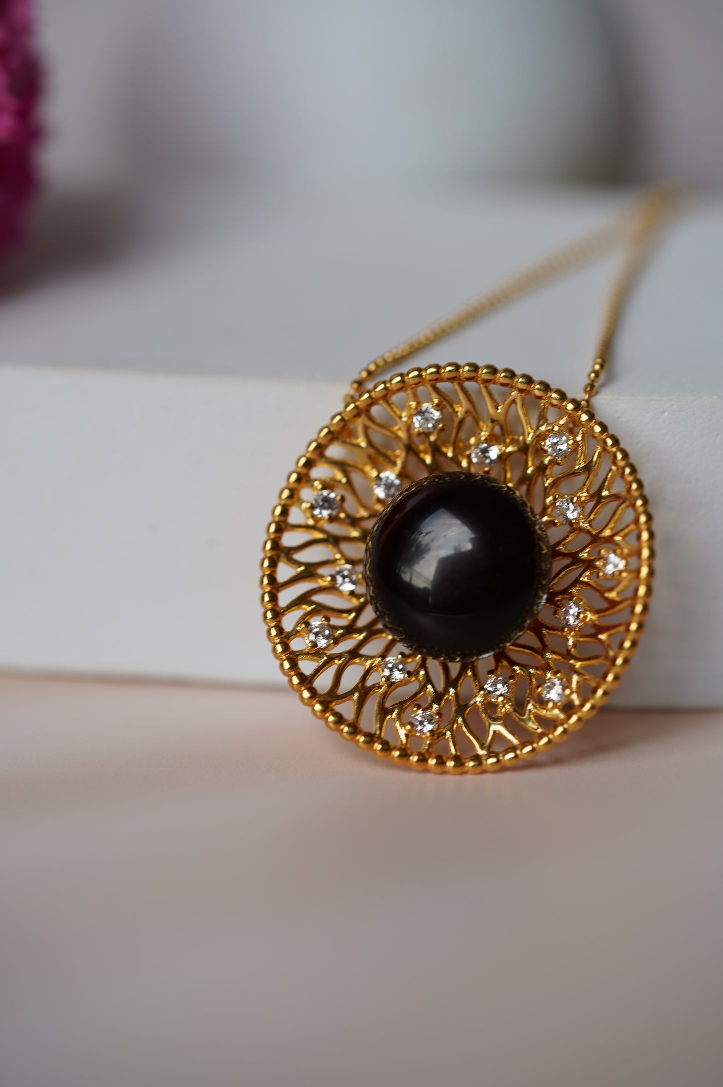 Supertree inspired Necklace with Cherry Amber and Cubic Zirconias in Gold Plated Silver