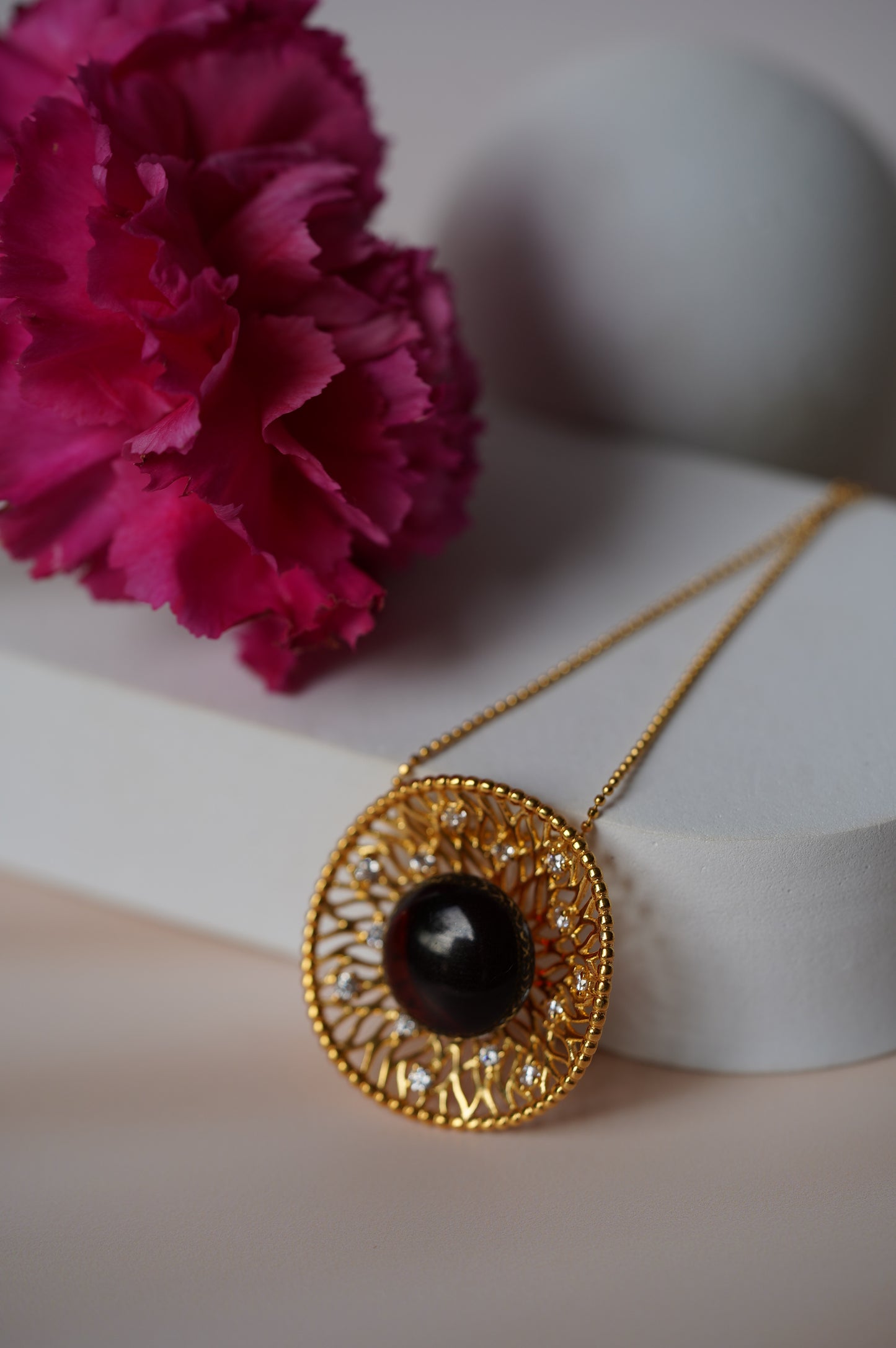 Supertree inspired Necklace with Cherry Amber and Cubic Zirconias in Gold Plated Silver