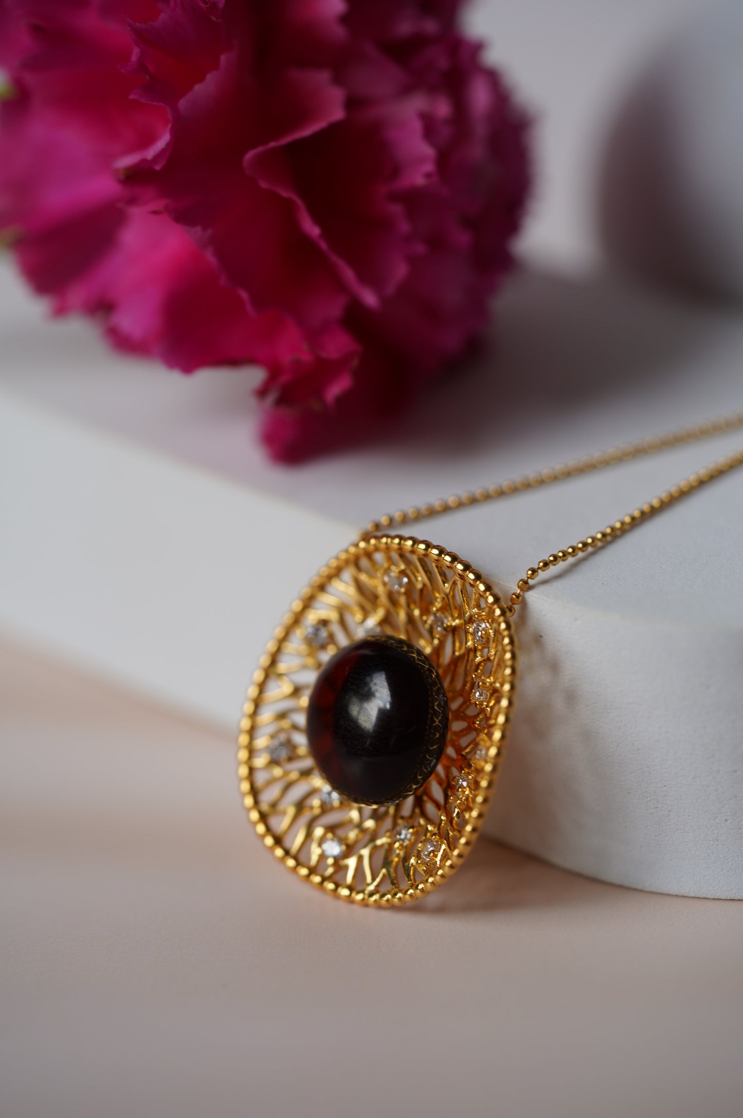 Supertree inspired Necklace with Cherry Amber and Cubic Zirconias in Gold Plated Silver
