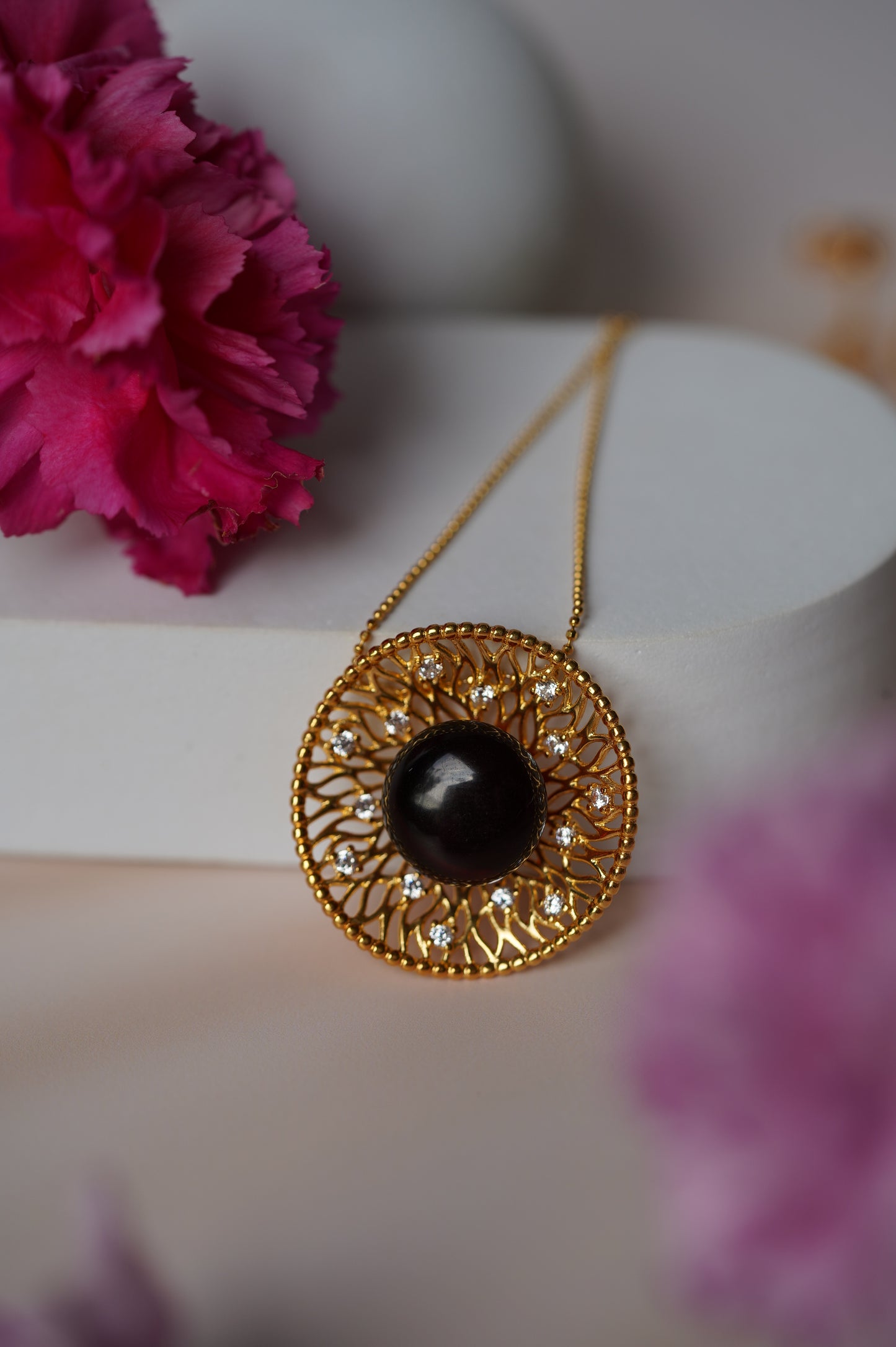 Supertree inspired Necklace with Cherry Amber and Cubic Zirconias in Gold Plated Silver