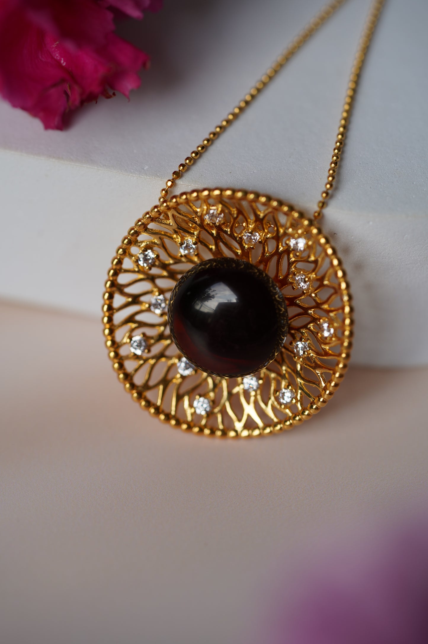 Supertree inspired Necklace with Cherry Amber and Cubic Zirconias in Gold Plated Silver