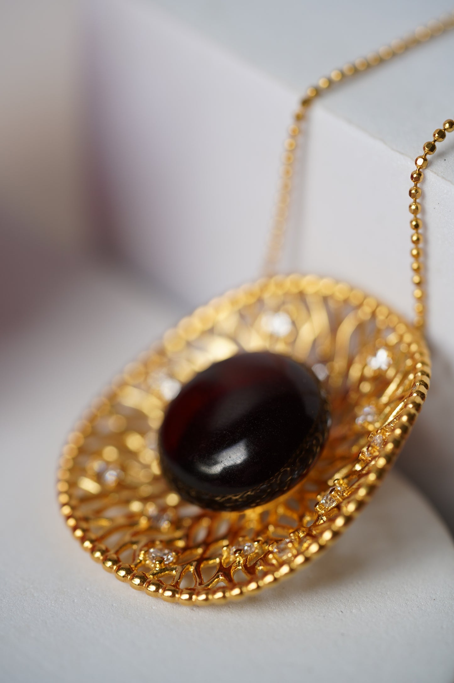 Supertree inspired Necklace with Cherry Amber and Cubic Zirconias in Gold Plated Silver