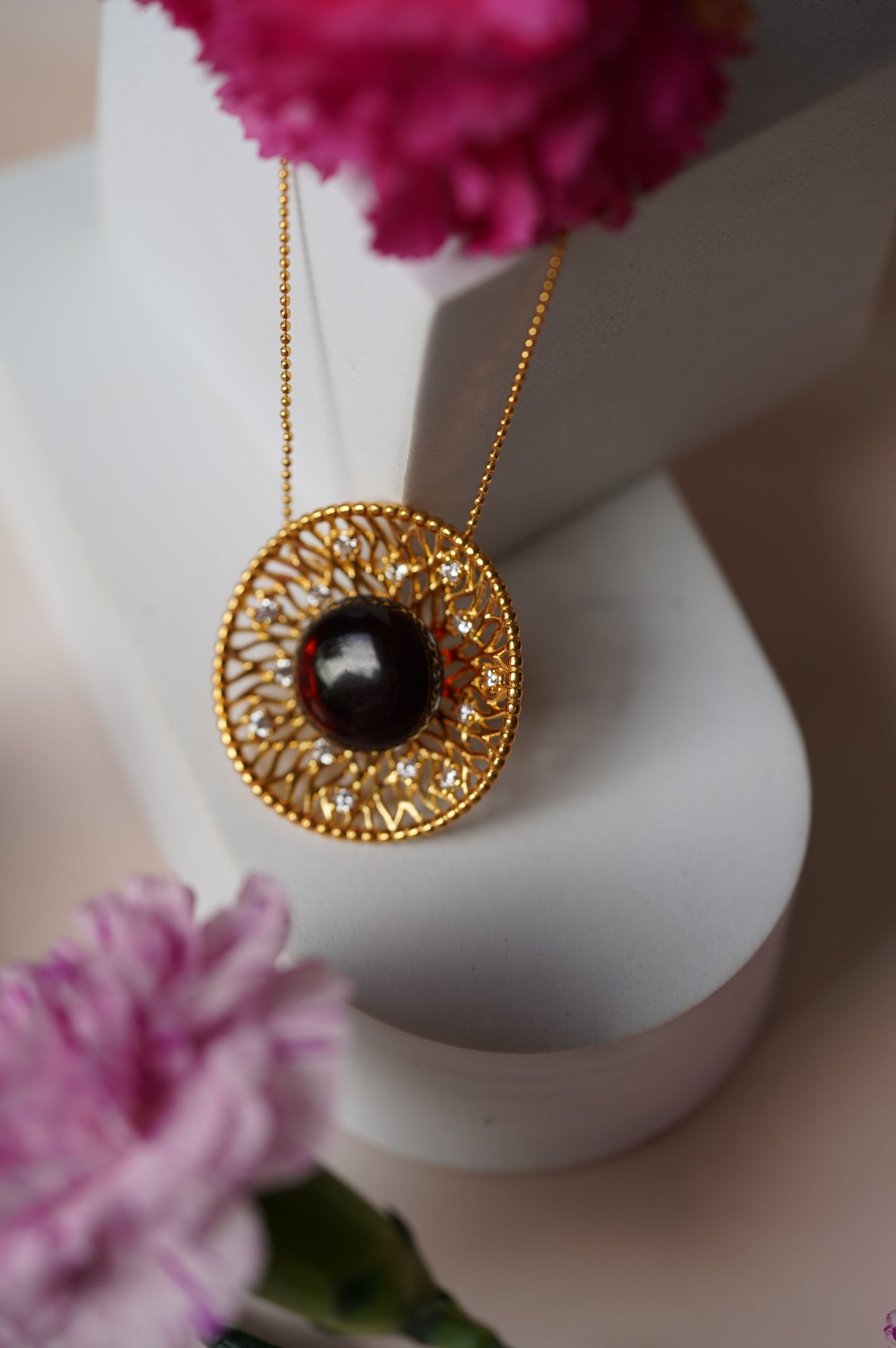 Supertree inspired Necklace with Cherry Amber and Cubic Zirconias in Gold Plated Silver