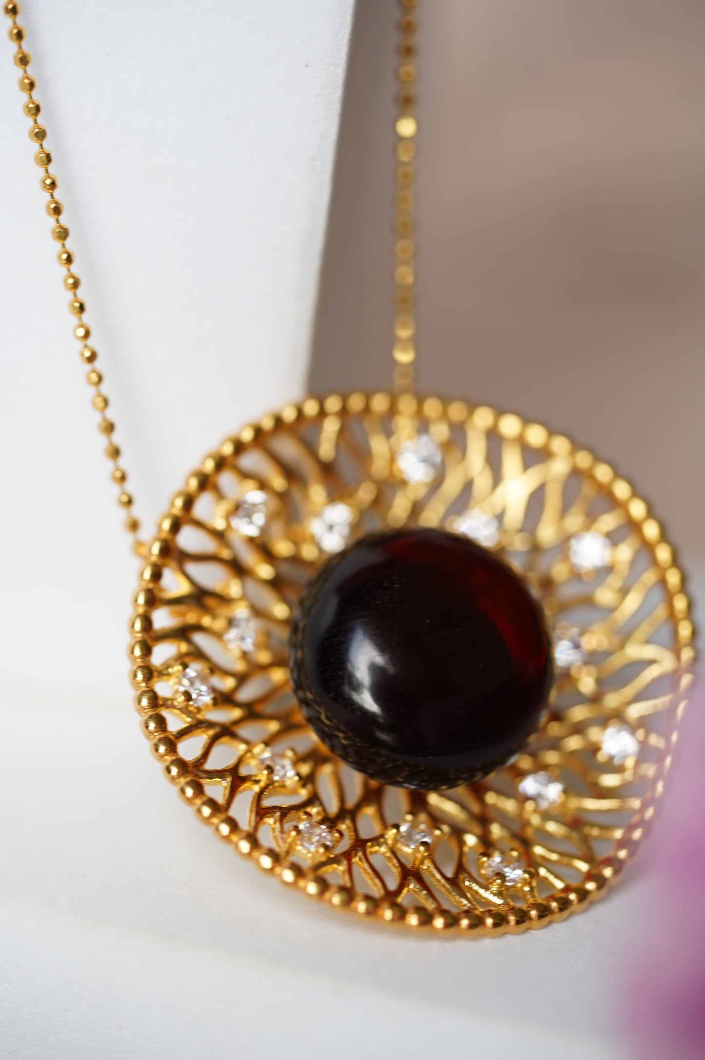 Supertree inspired Necklace with Cherry Amber and Cubic Zirconias in Gold Plated Silver