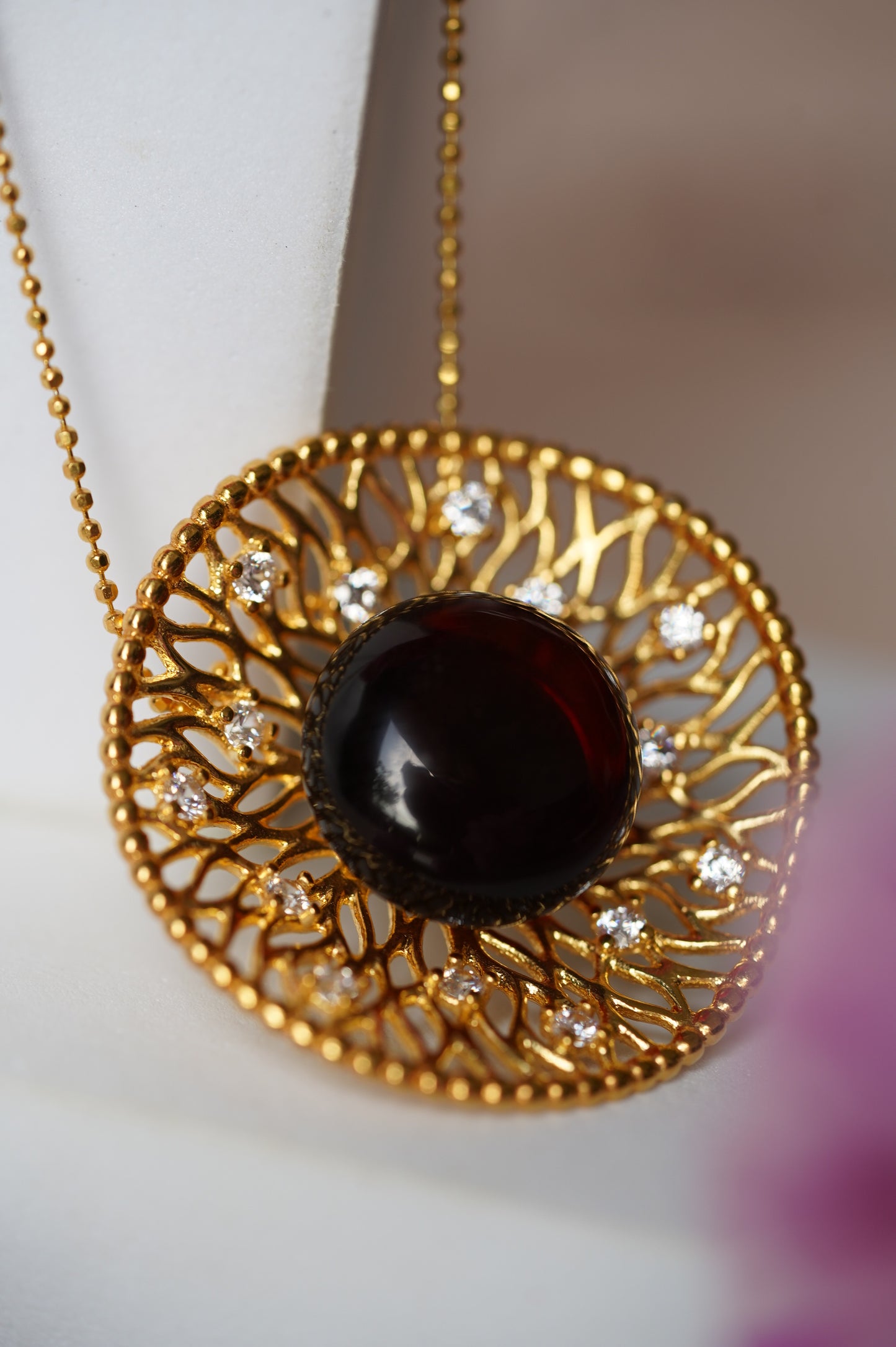 Supertree inspired Necklace with Cherry Amber and Cubic Zirconias in Gold Plated Silver