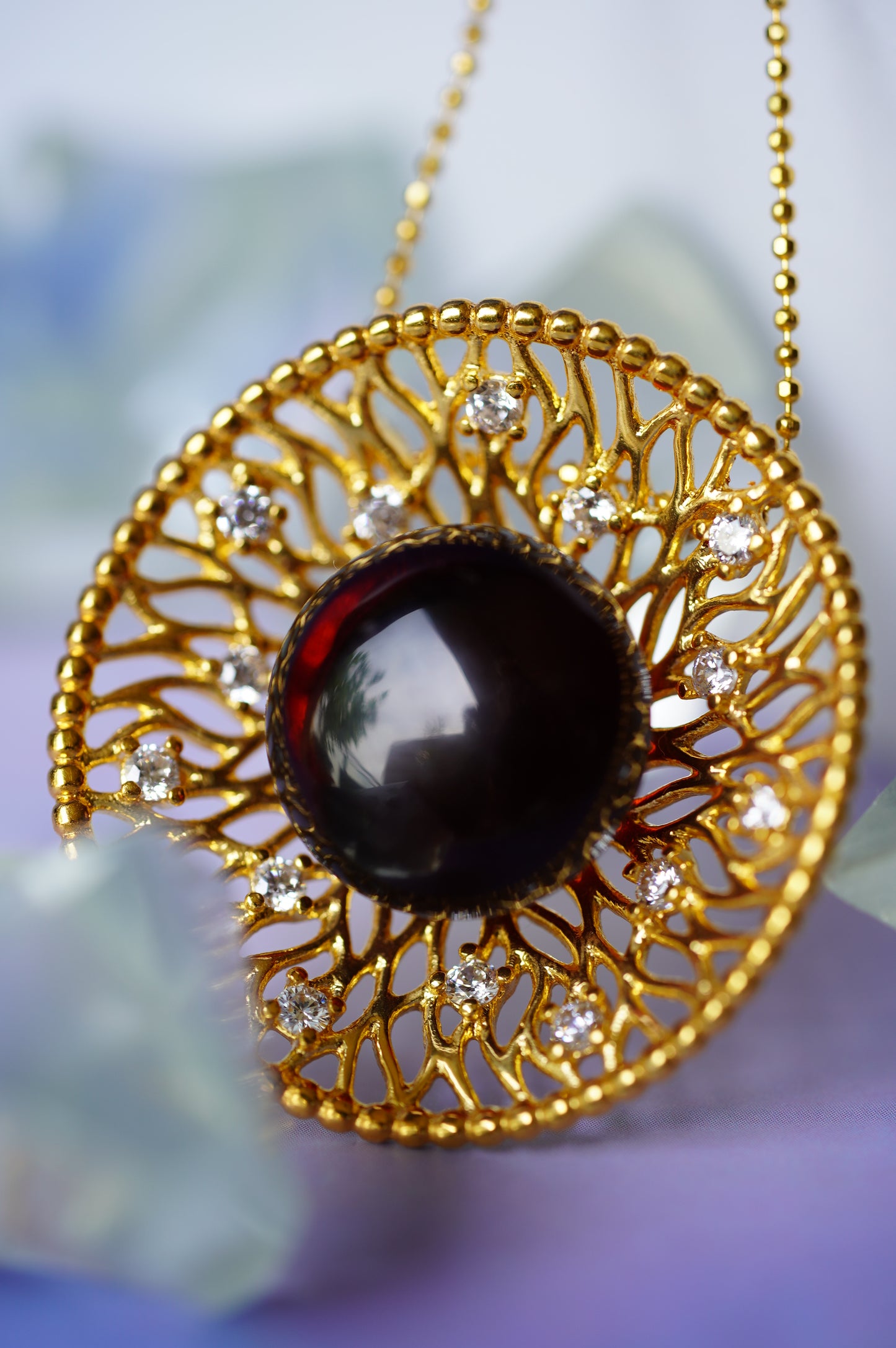 Supertree inspired Necklace with Cherry Amber and Cubic Zirconias in Gold Plated Silver