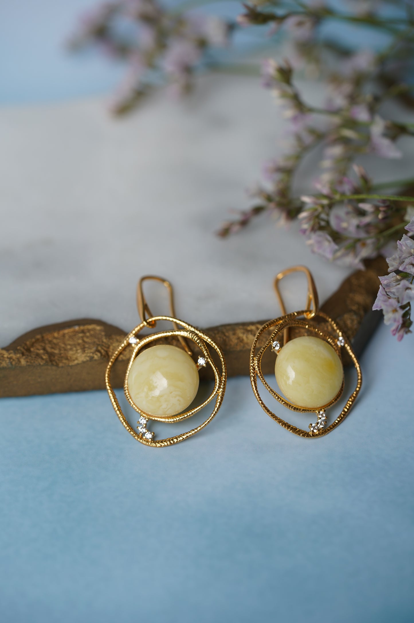 Delicate Round Irregular Royal White Amber Earrings with Cubic Zirconias in Gold Plated Silver