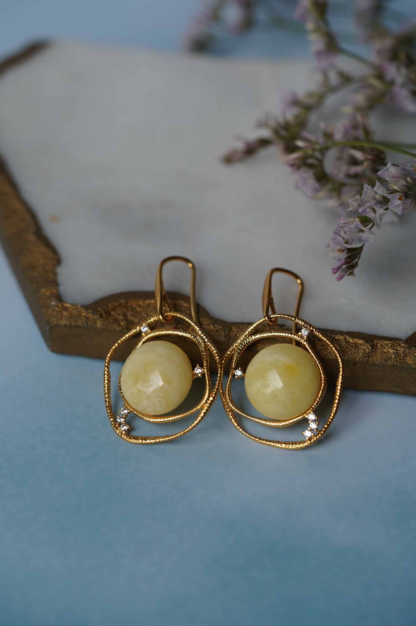 Delicate Round Irregular Royal White Amber Earrings with Cubic Zirconias in Gold Plated Silver