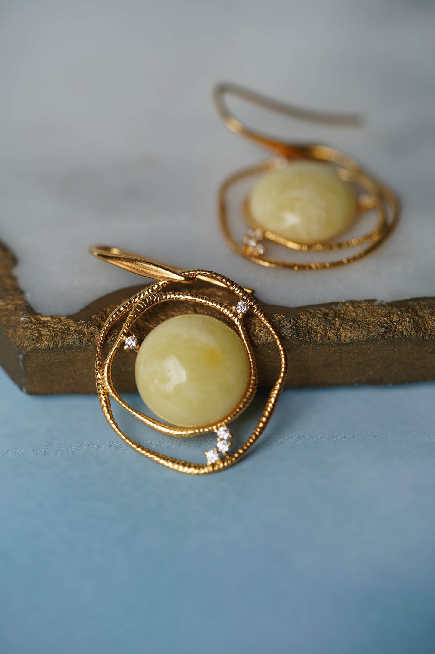 Delicate Round Irregular Royal White Amber Earrings with Cubic Zirconias in Gold Plated Silver