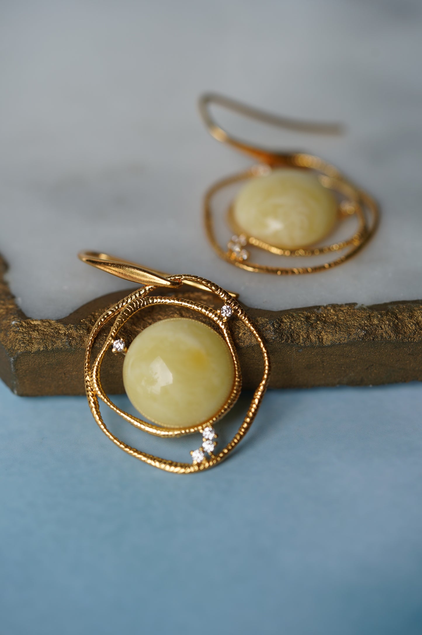 Delicate Round Irregular Royal White Amber Earrings with Cubic Zirconias in Gold Plated Silver