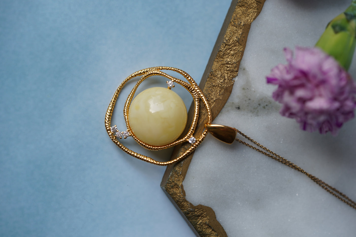 Delicate Round Irregular Royal White Amber Pendant with Cubic Zirconias in Gold Plated Silver