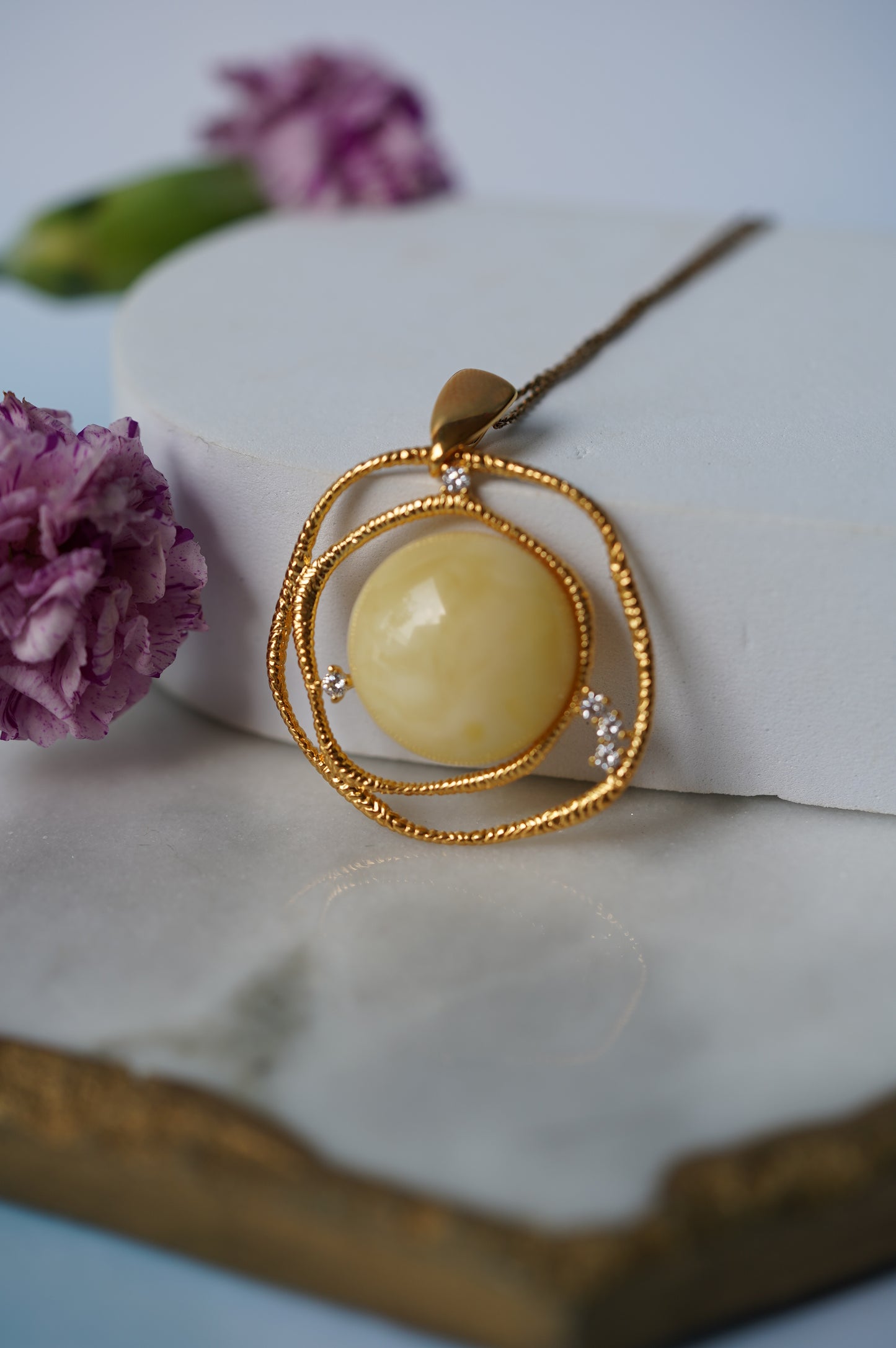 Delicate Round Irregular Royal White Amber Pendant with Cubic Zirconias in Gold Plated Silver