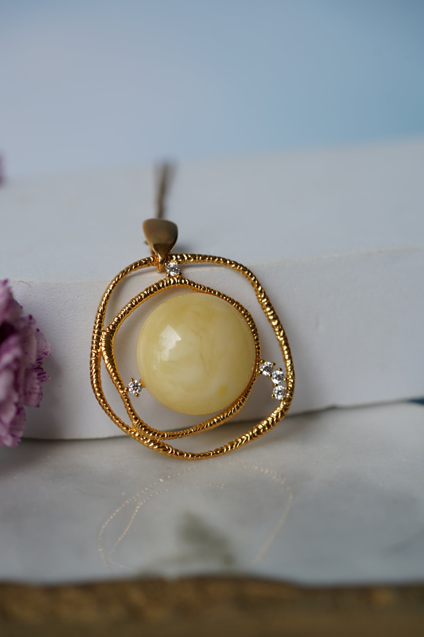 Delicate Round Irregular Royal White Amber Pendant with Cubic Zirconias in Gold Plated Silver