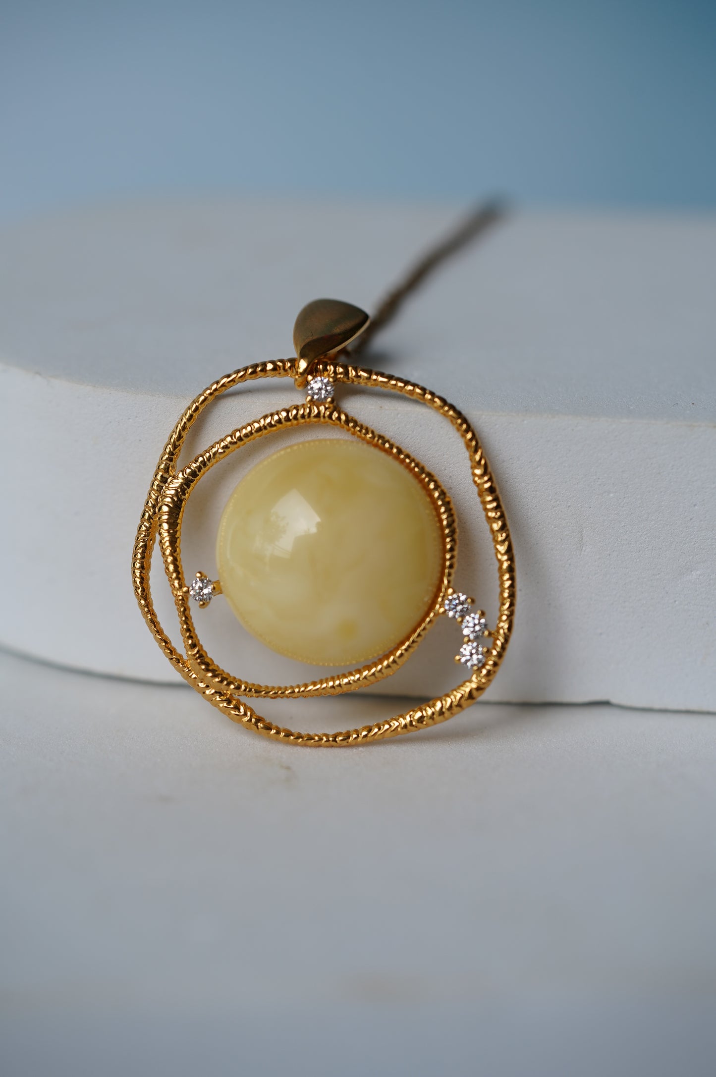 Delicate Round Irregular Royal White Amber Pendant with Cubic Zirconias in Gold Plated Silver