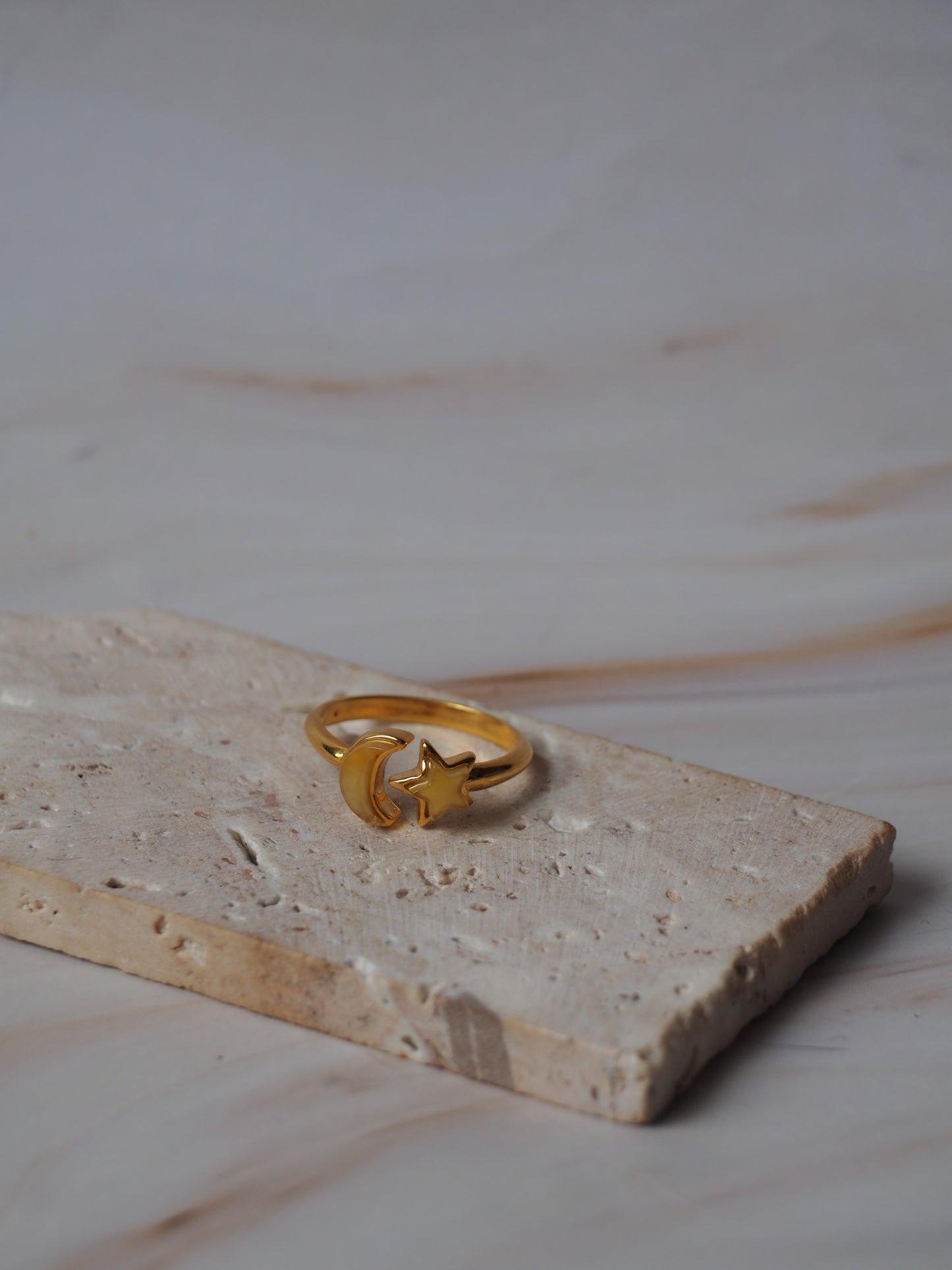 Moon and Star Milk Amber Gold Plated Adjustable Ring