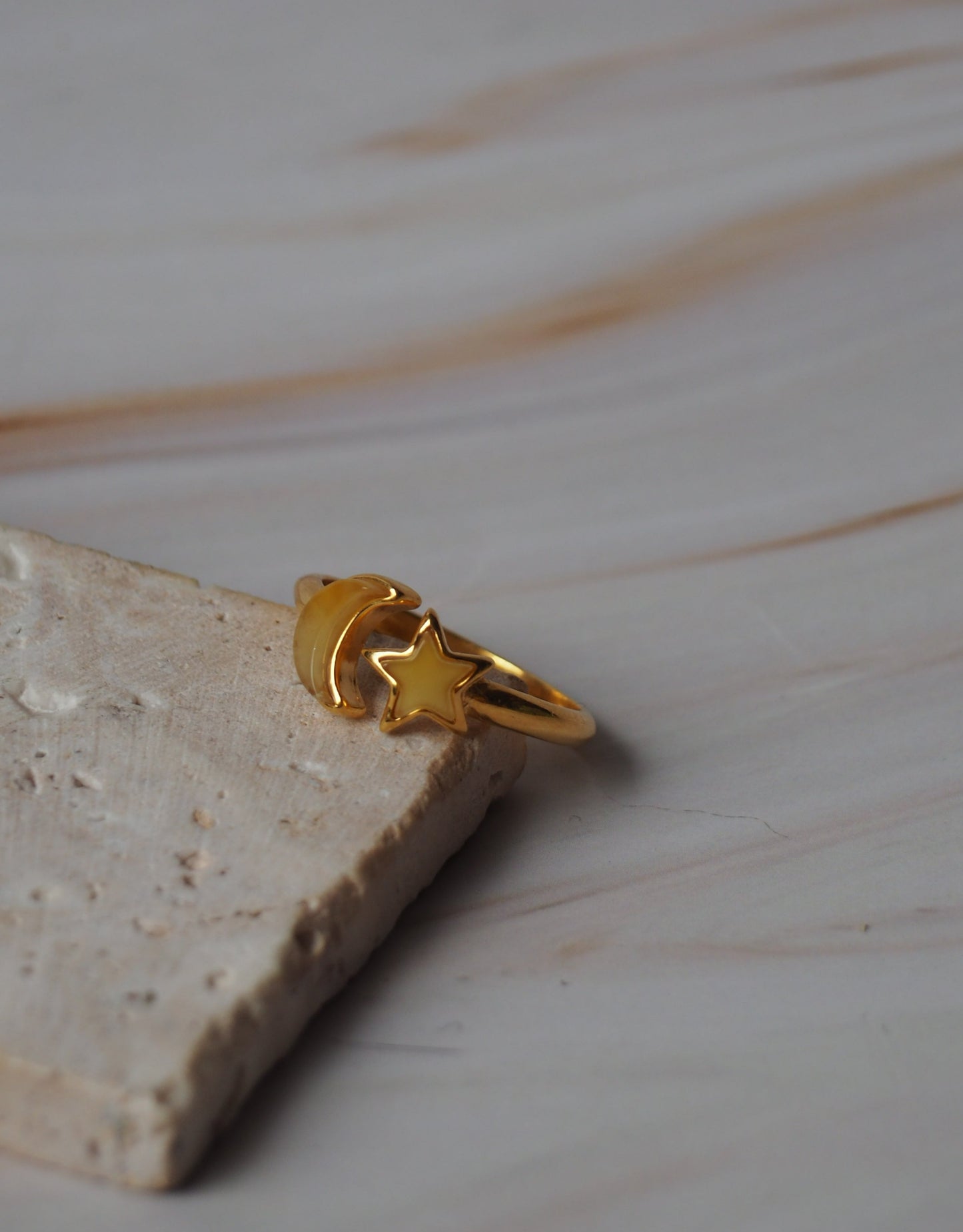 Moon and Star Milk Amber Gold Plated Adjustable Ring