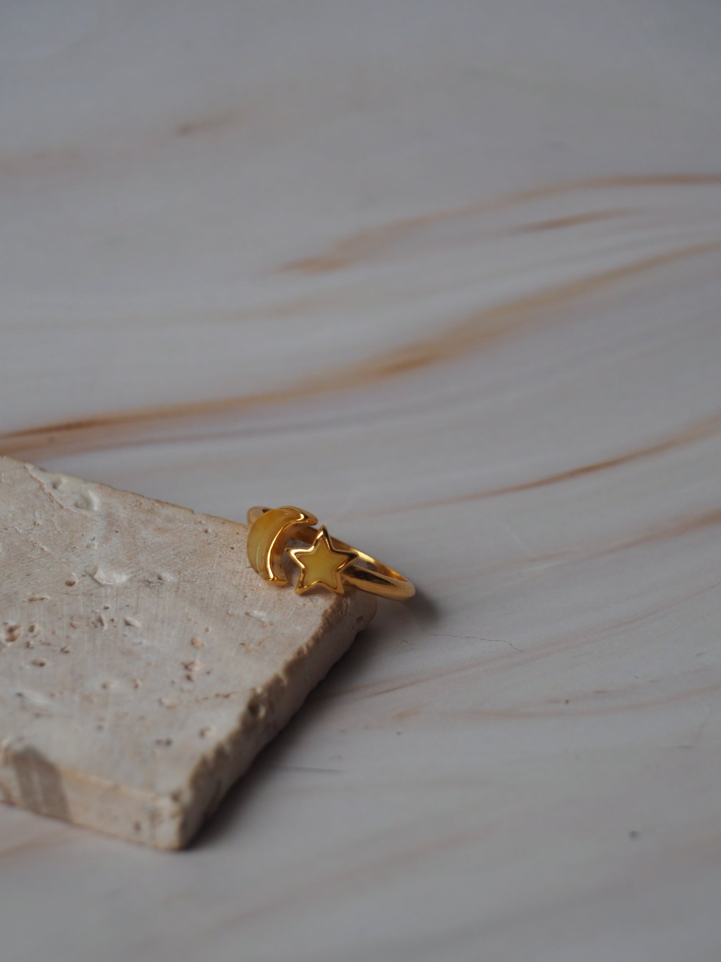 Moon and Star Milk Amber Gold Plated Adjustable Ring