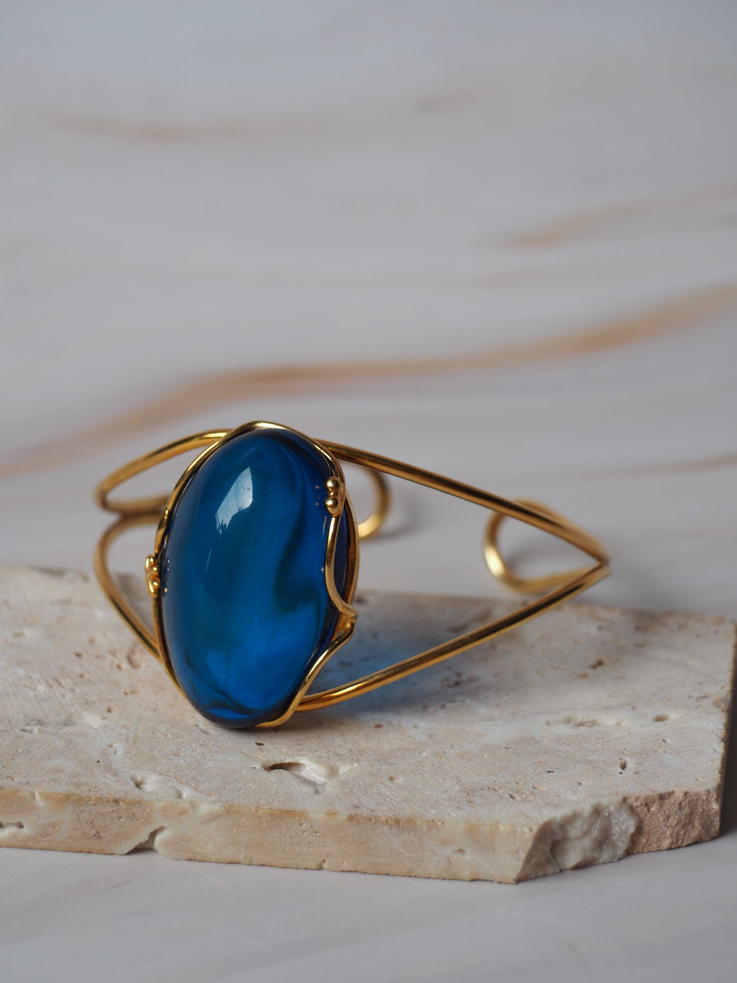 Oval Shape Blue Amber Gold Plated Cuff Bracelet