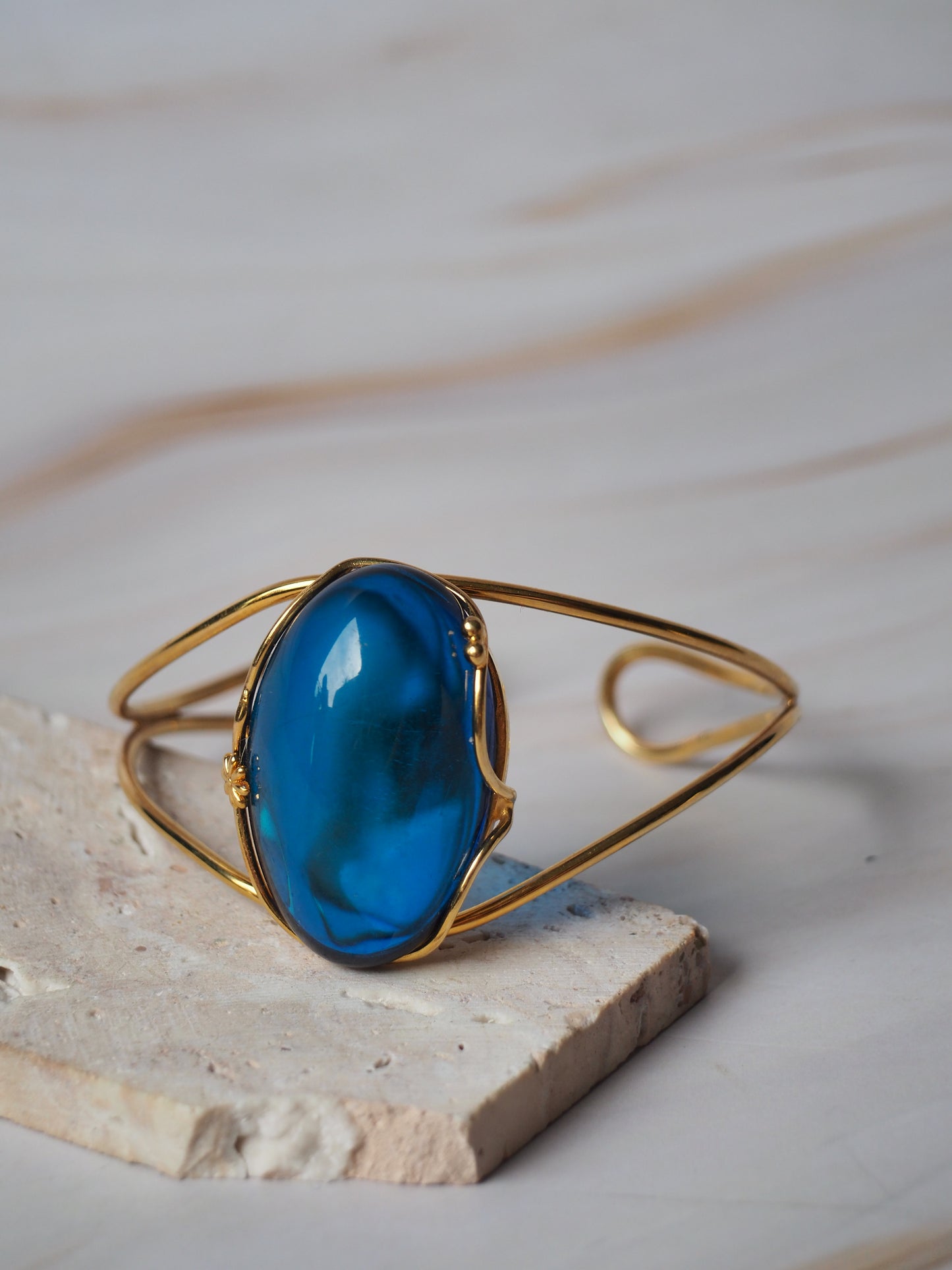 Oval Shape Blue Amber Gold Plated Cuff Bracelet