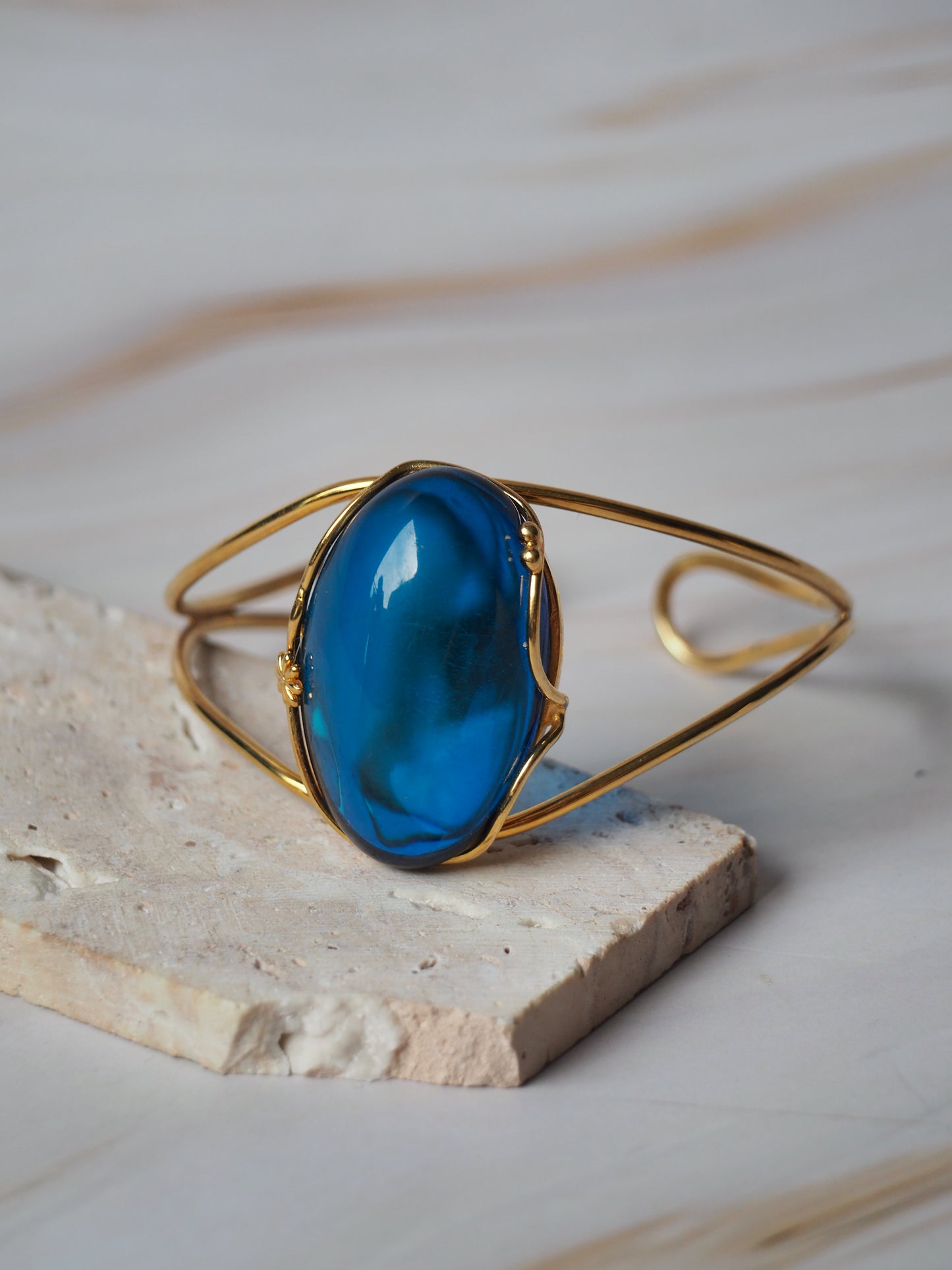Oval Shape Blue Amber Gold Plated Cuff Bracelet