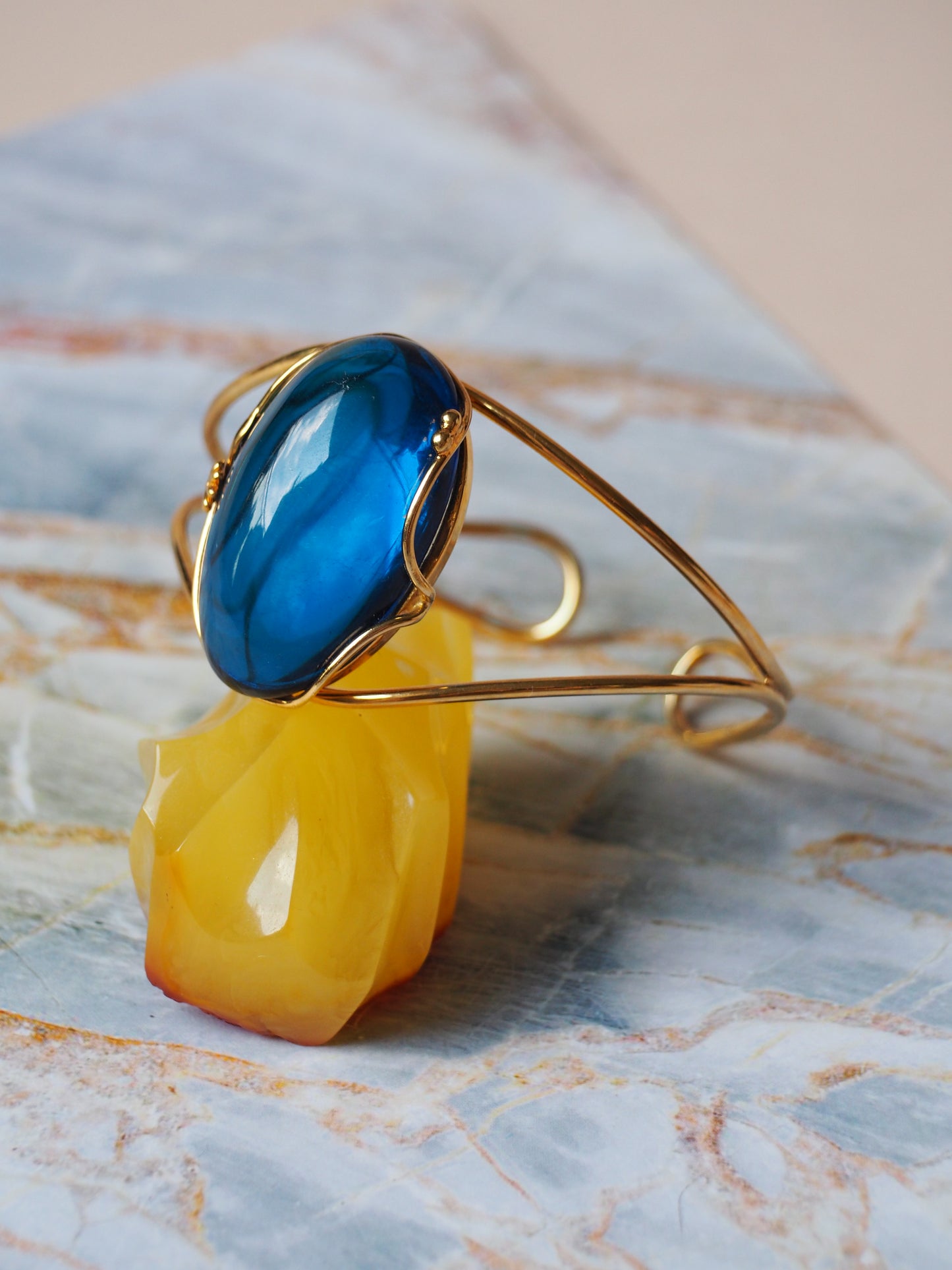 Oval Shape Blue Amber Gold Plated Cuff Bracelet
