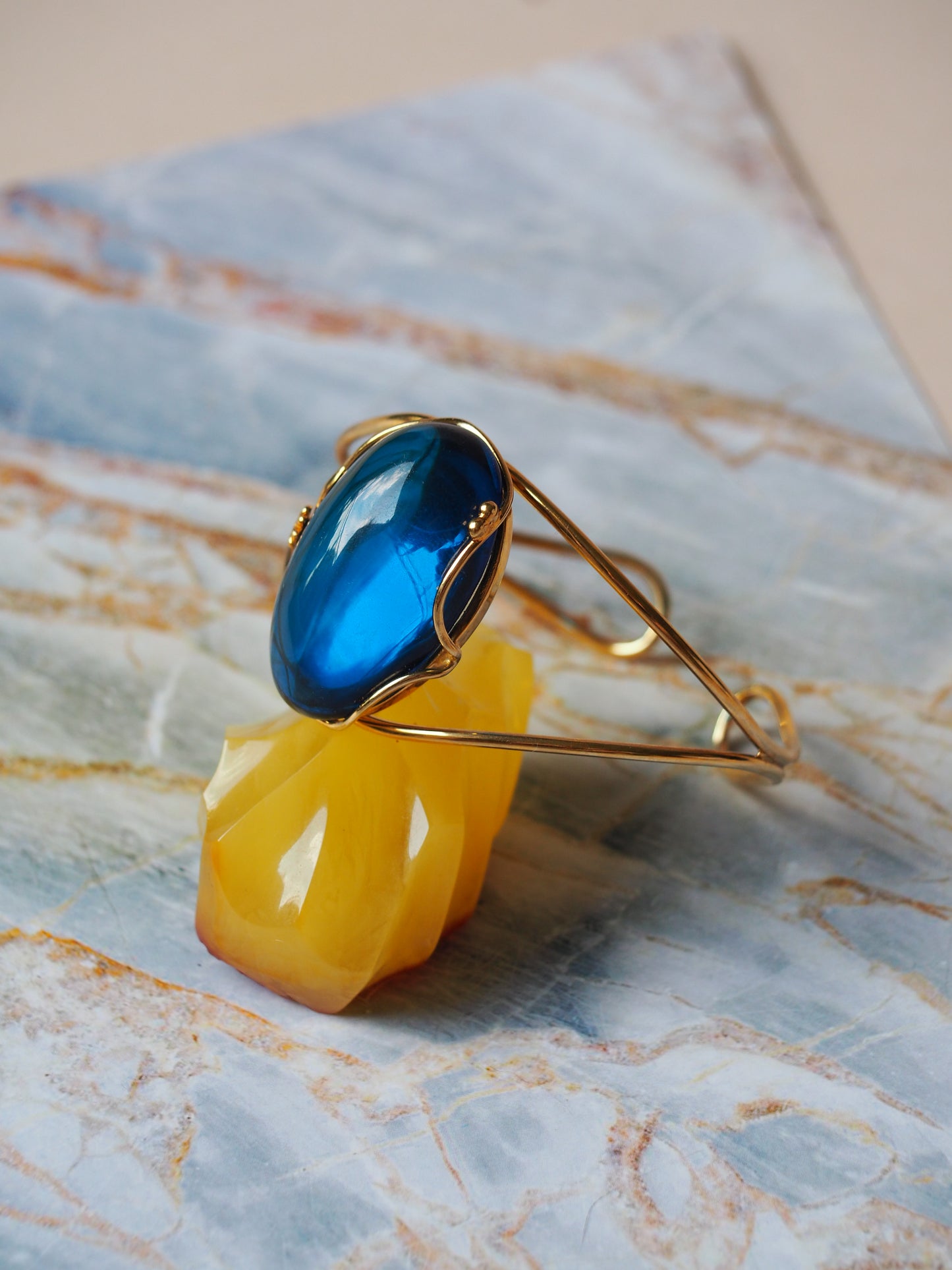 Oval Shape Blue Amber Gold Plated Cuff Bracelet