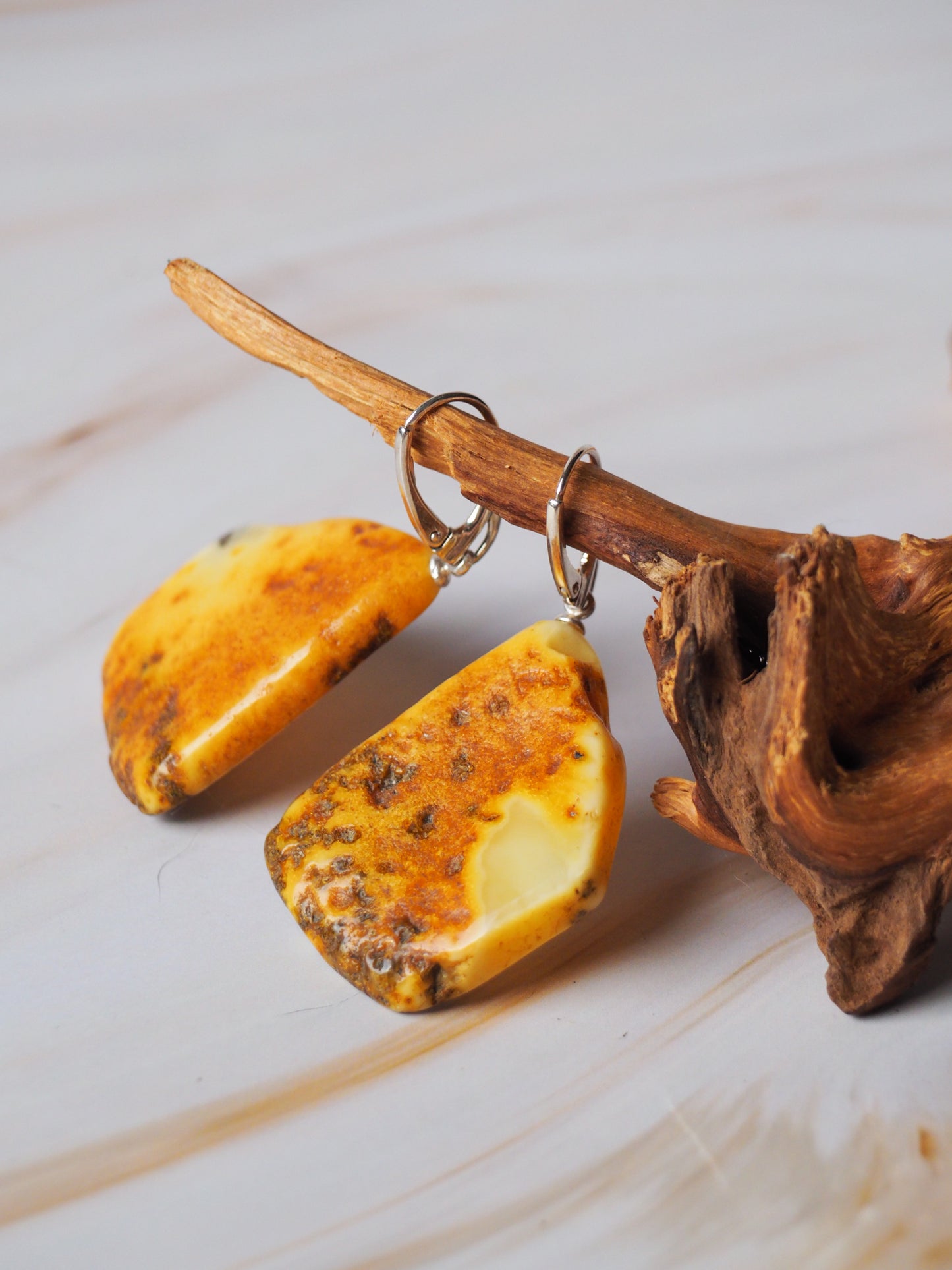 Raw Amber Earrings "Honeycombs" Shape