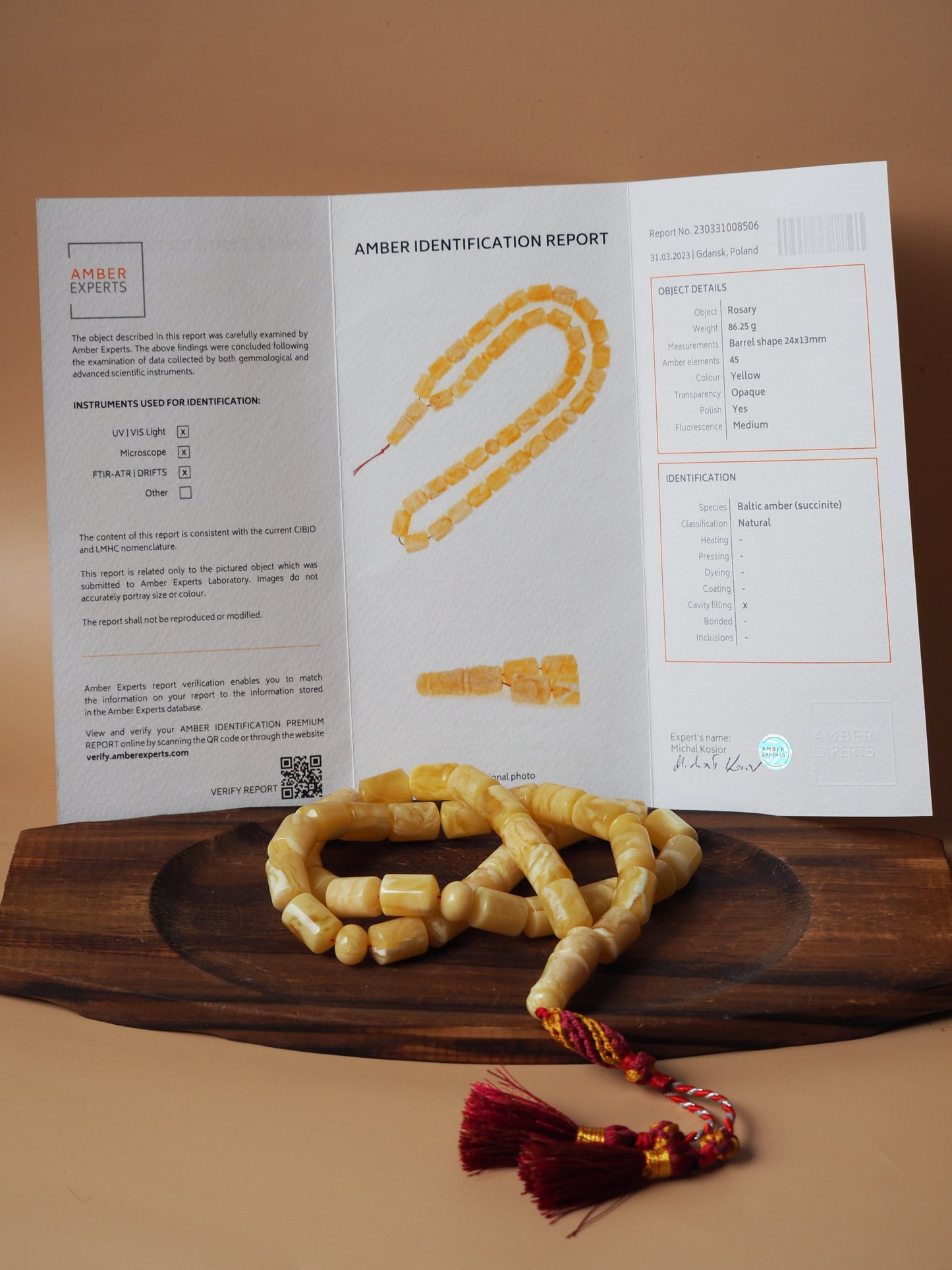 Premium Unique Natural Butterscotch/ Royal White "Tiger" Amber Rosary + Certificate