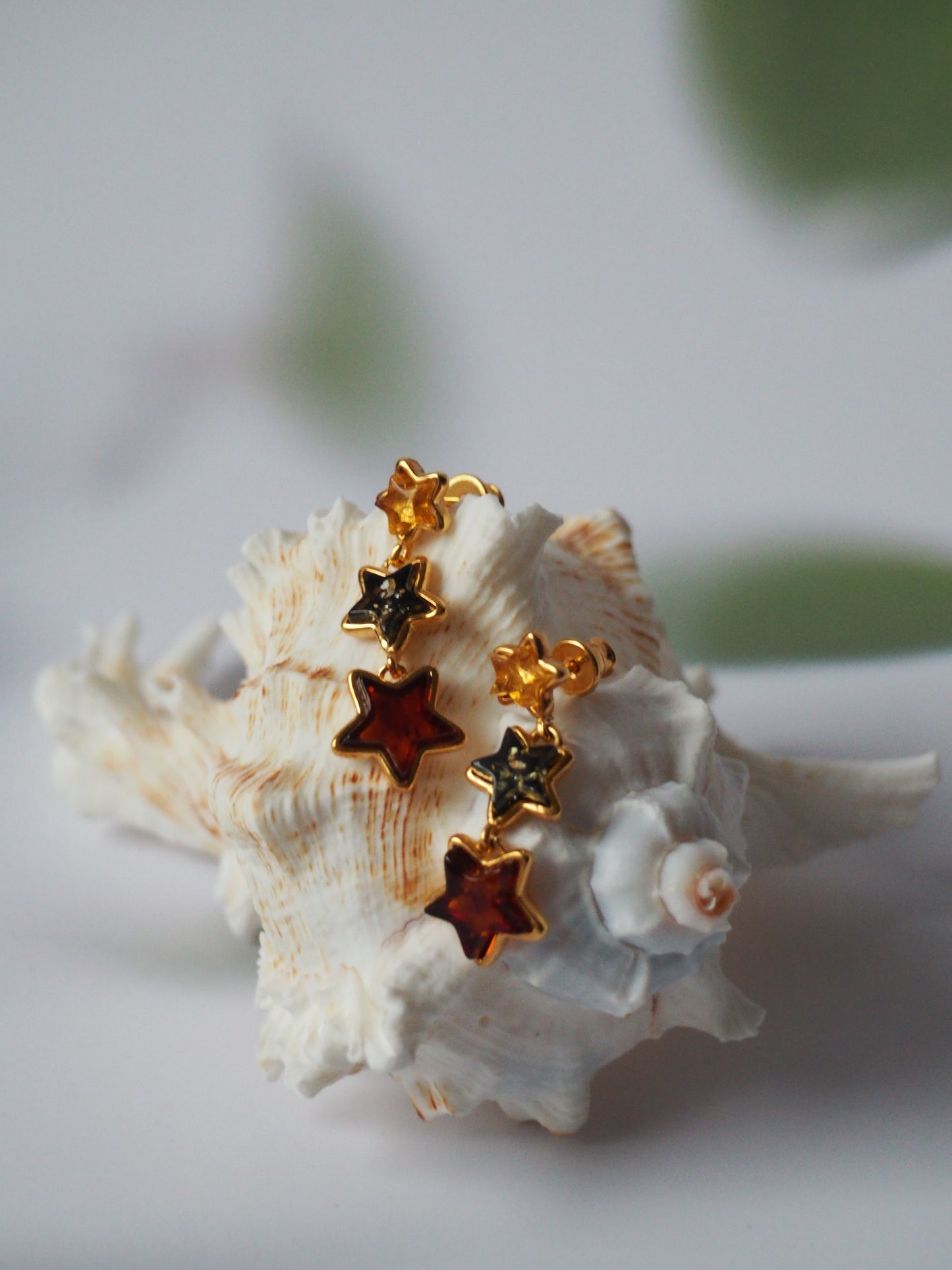 Star Shape Dangling Stud Earrings -Multicolor Amber Gold Plated