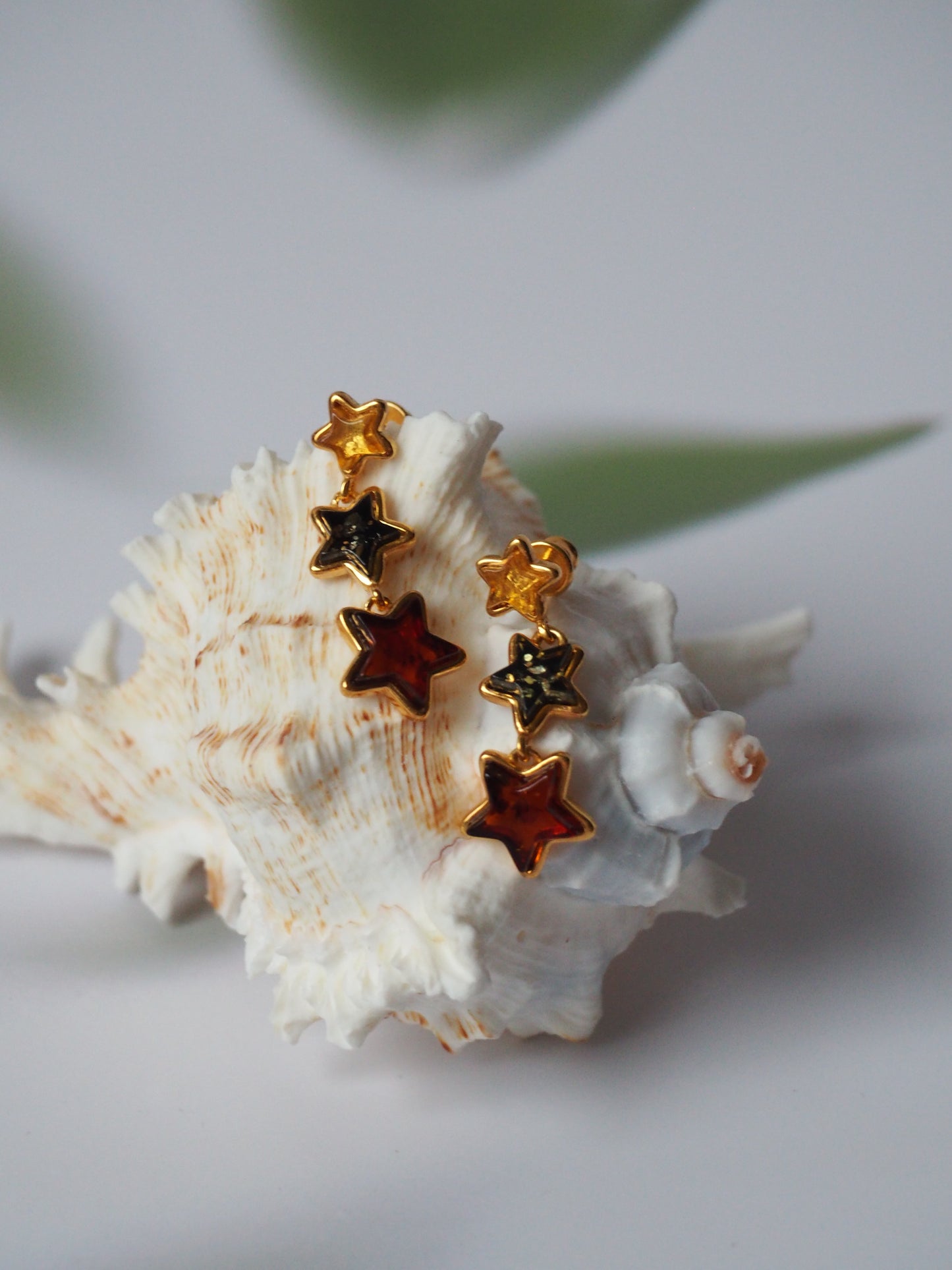 Star Shape Dangling Stud Earrings -Multicolor Amber Gold Plated